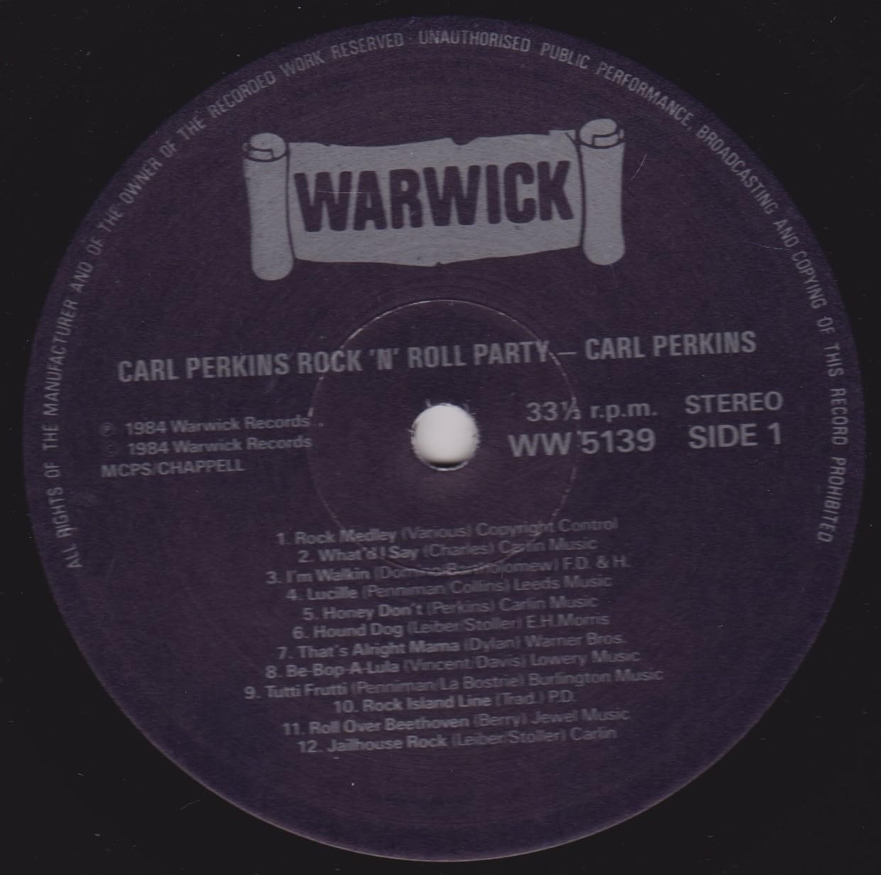 Carl Perkins - Rock 'N Roll Party (Warwick 1984) 12" vinyl LP VG/VG