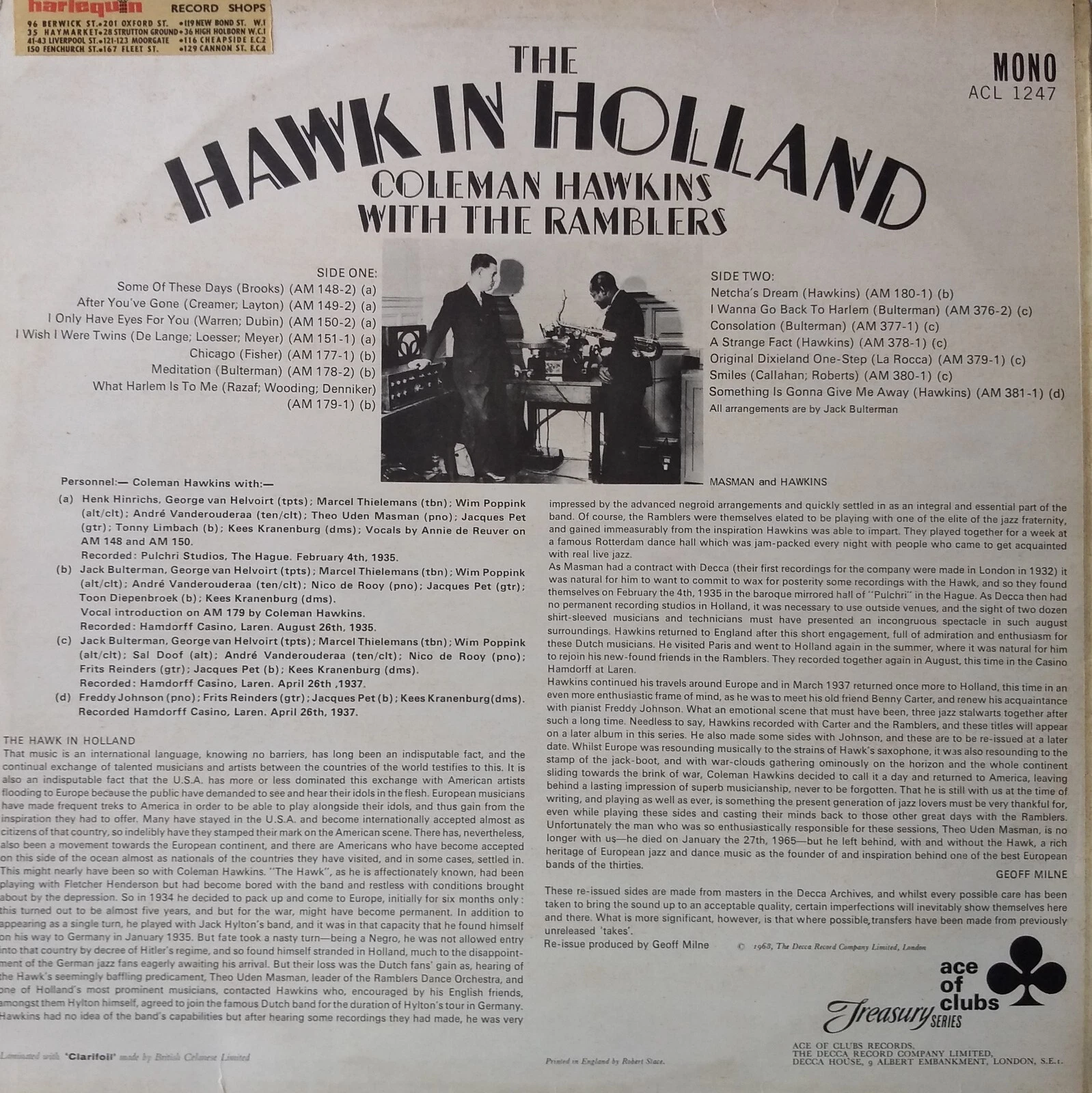 Coleman Hawkins ‎– The Hawk In Holland (AC, 1968) 12" vinyl LP VG/VG