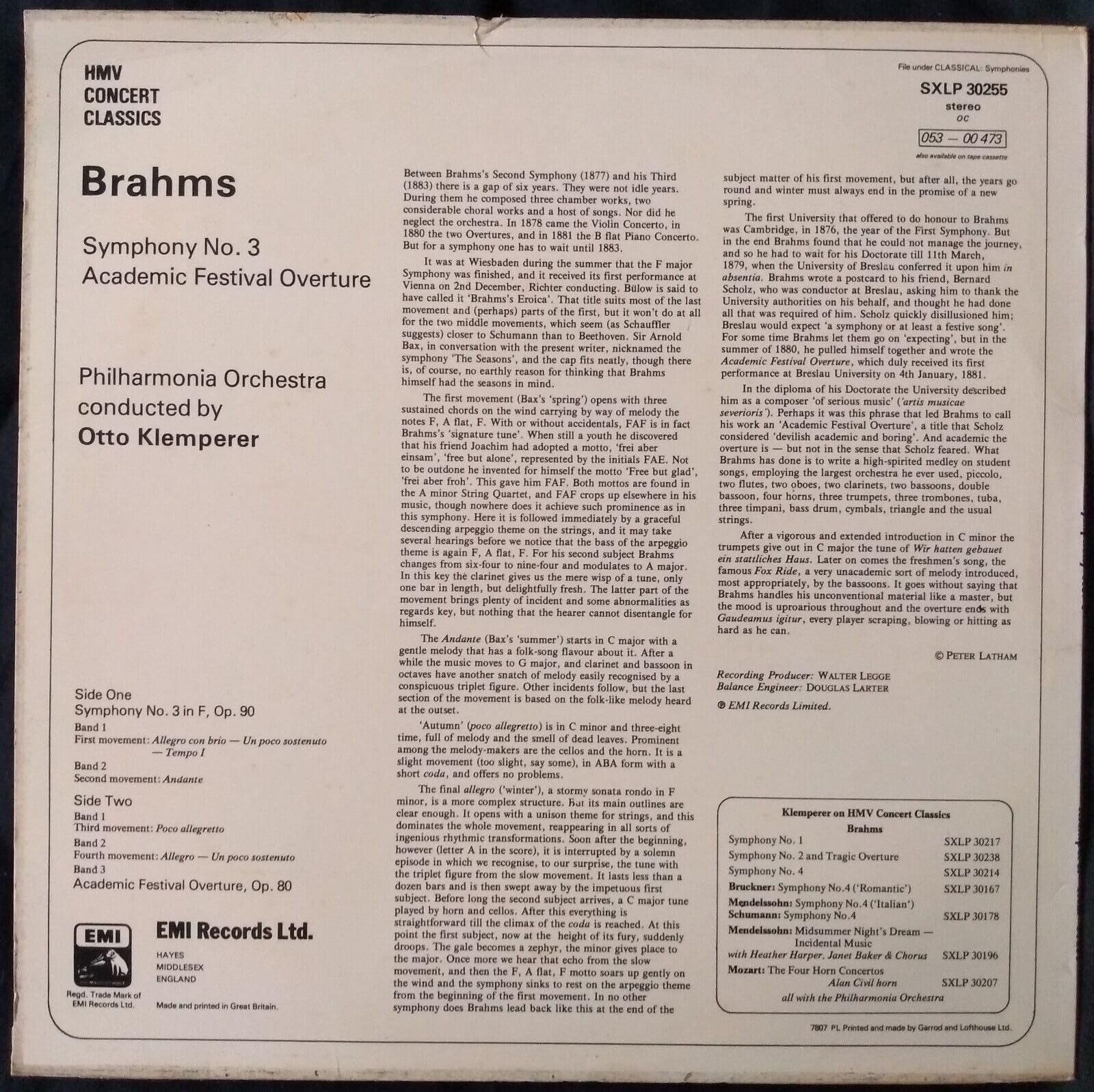 Brahms - Klemperer Conducts Brahms: Symphony No. 3 (HMV 1976) 12" vinyl LP VG/VG