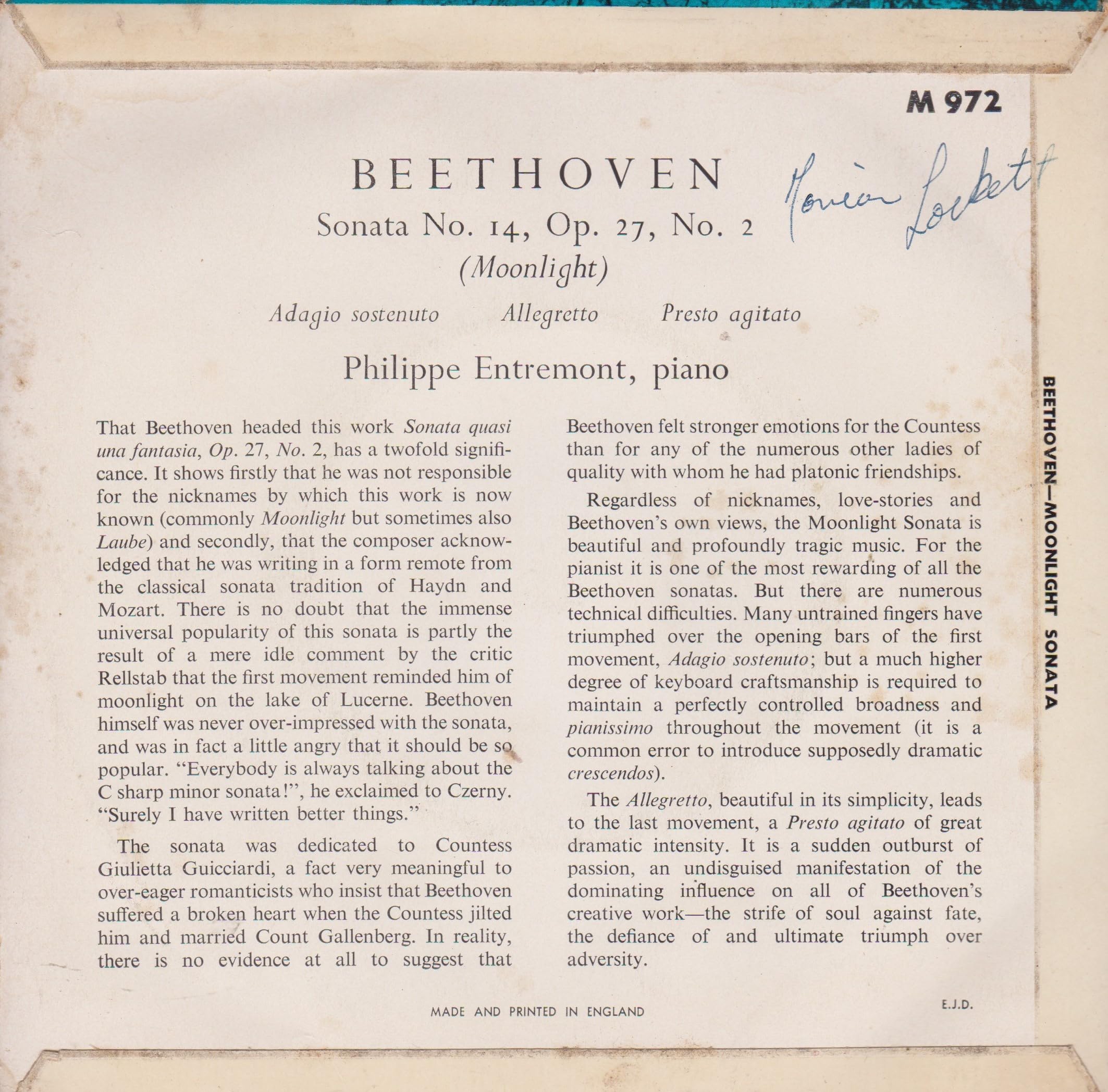 Ludwig van Beethoven ‎– Sonata No. 14 In C Sharp Minor, "Moonlight (Concert Hall 1963) 7" vinyl EP VG/VG