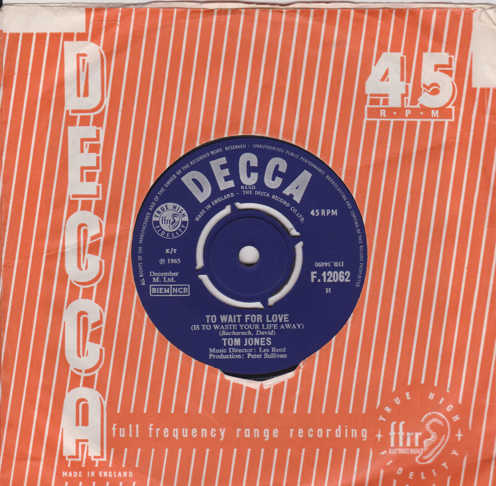 Tom Jones – It's Not Unusual (Decca, 1965) 7" vinyl single VG/-