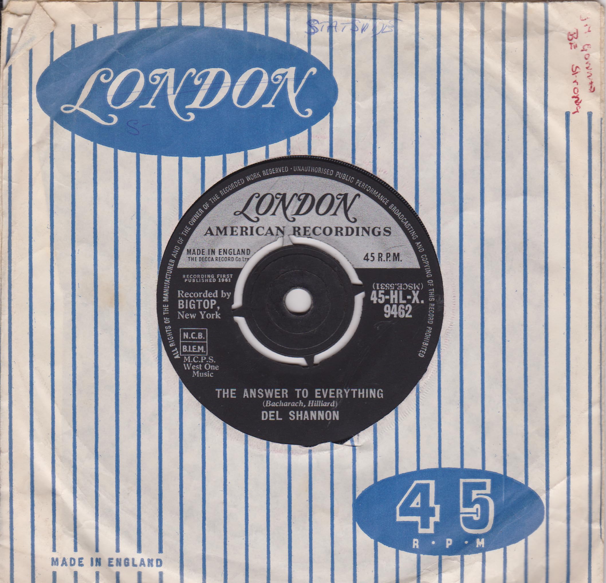Del Shannon ‎– So Long Baby (London 1961) 7" vinyl single VG/VG