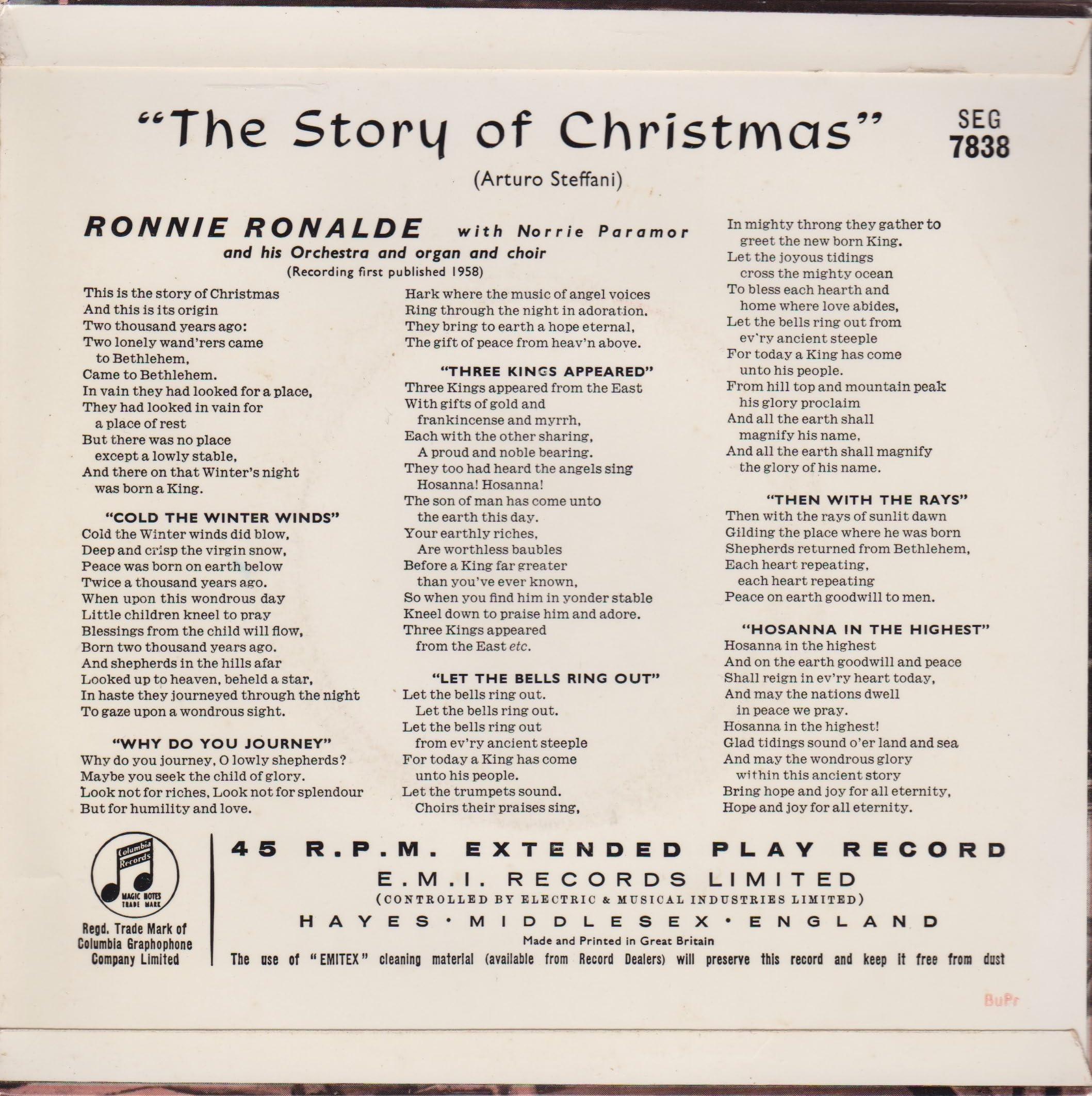 Ronnie Ronalde With Norrie Paramor And His Orchestra ‎– The Story Of Christmas (Columbia 1958) 7" vinyl EP VG/VG