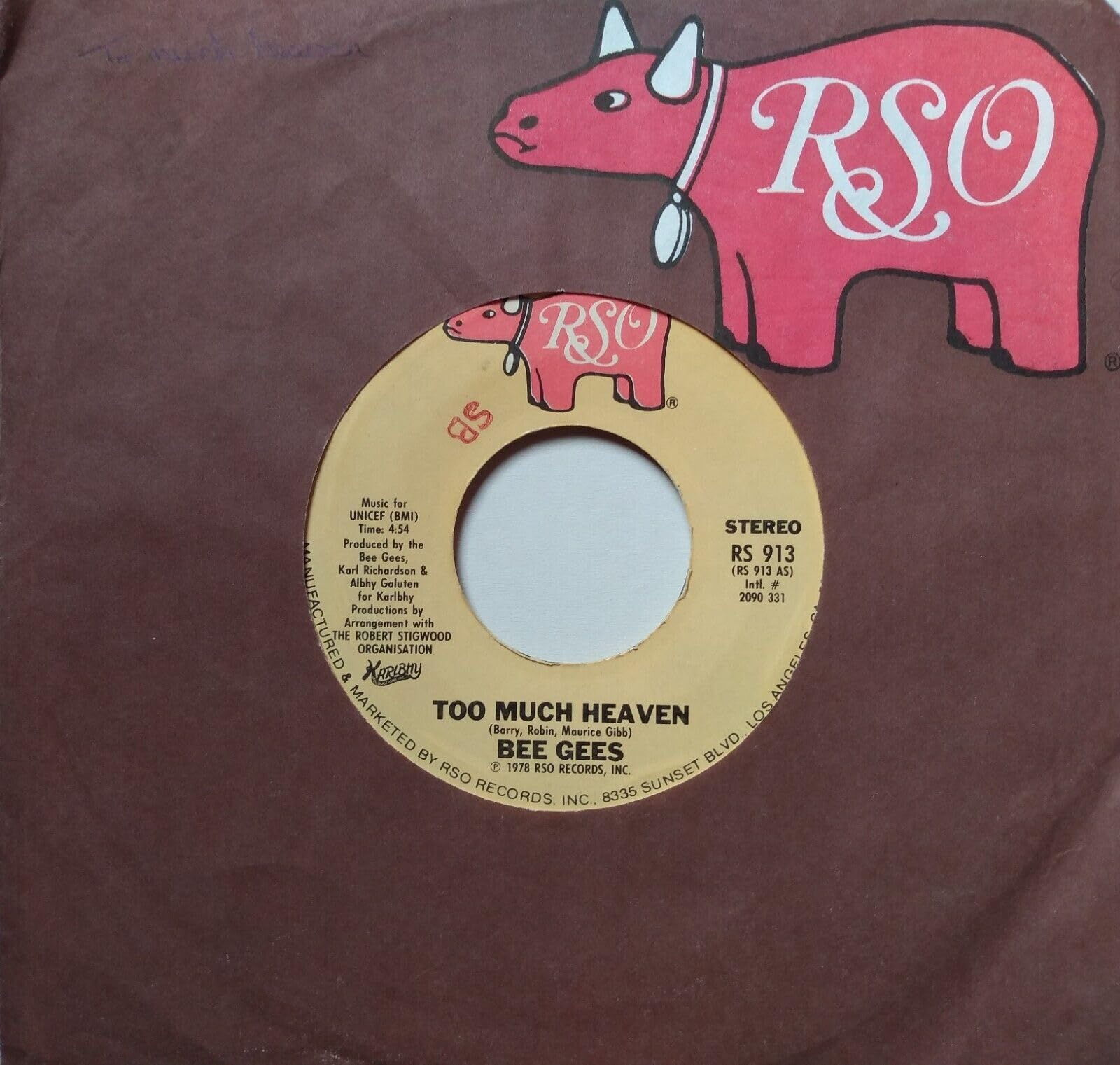 Bee Gees - Too Much Heaven (RSO 1978) 7" vinyl US single VG/VG jukebox centre