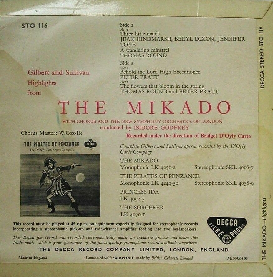 Gilbert And Sullivan, The D'Oyly Carte Opera Company - Highlights from The Mikado (Decca 1960) 7" vinyl EP VG/VG