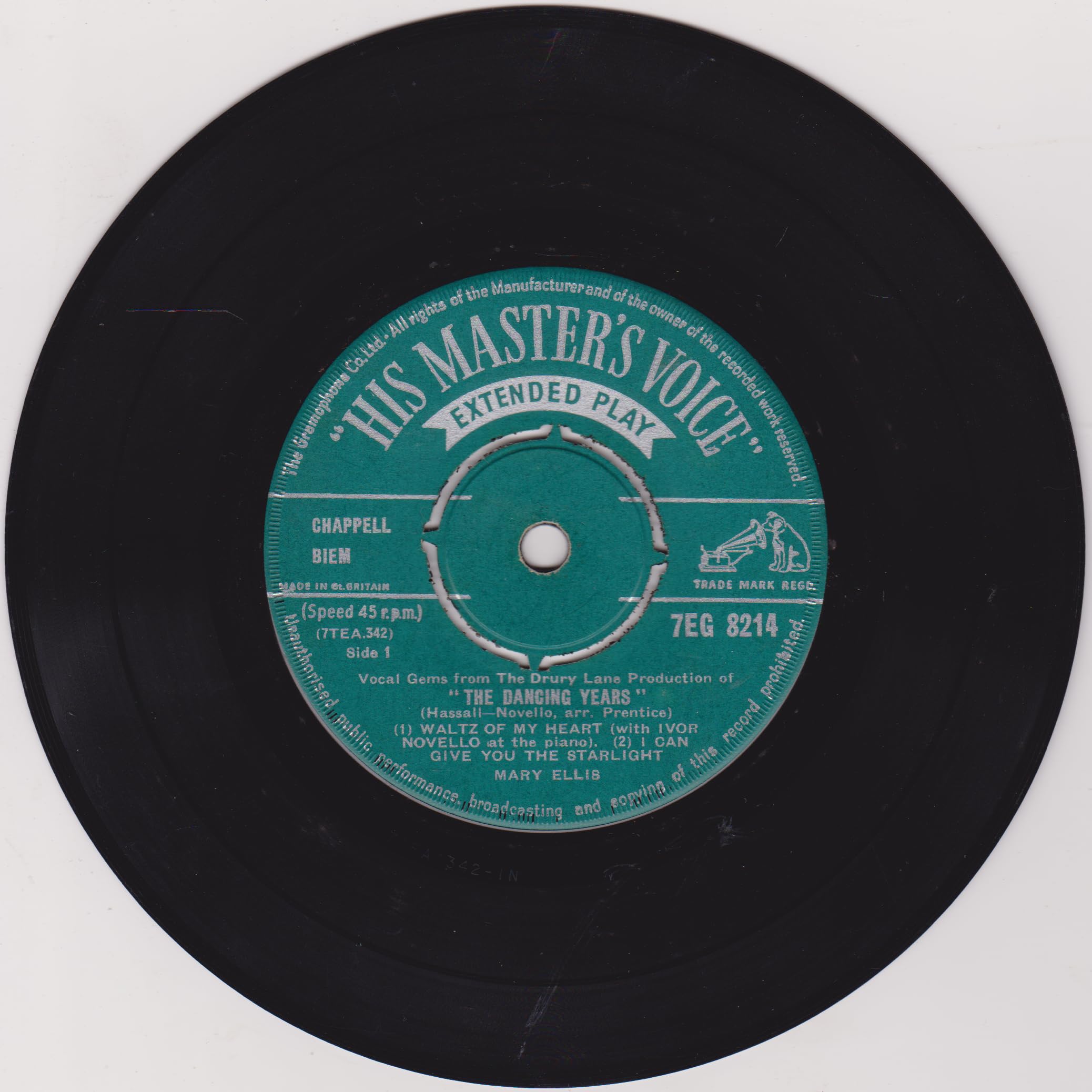 Various ‎– Vocal Gems From The Drury Lane Production Of 'The Dancing Years' 7" vinyl EP VG/VG