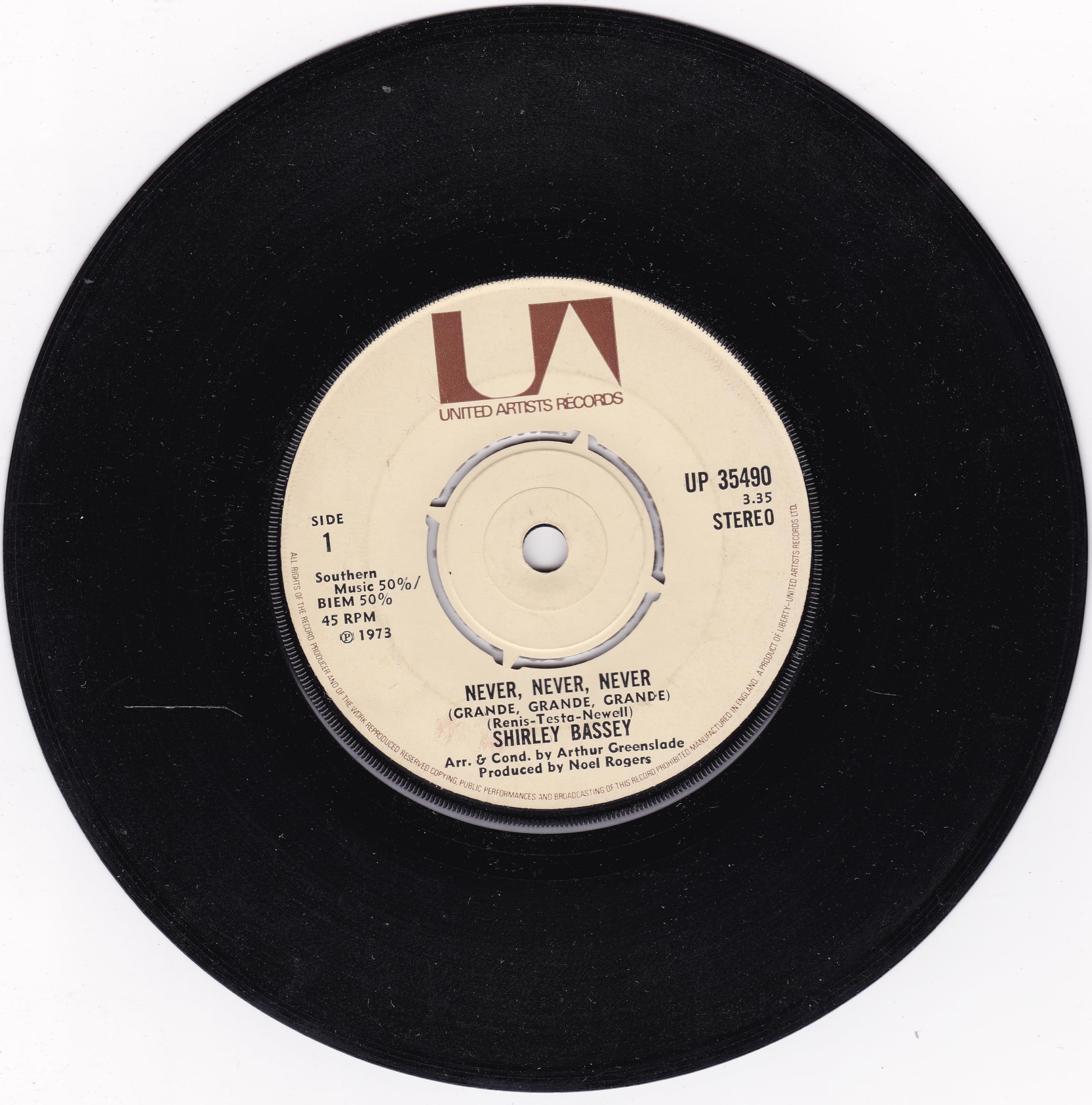 Shirley Bassey ‎– Never, Never, Never (Grande, Grande, Grande) (UA 1973) 7" vinyl single VG/-