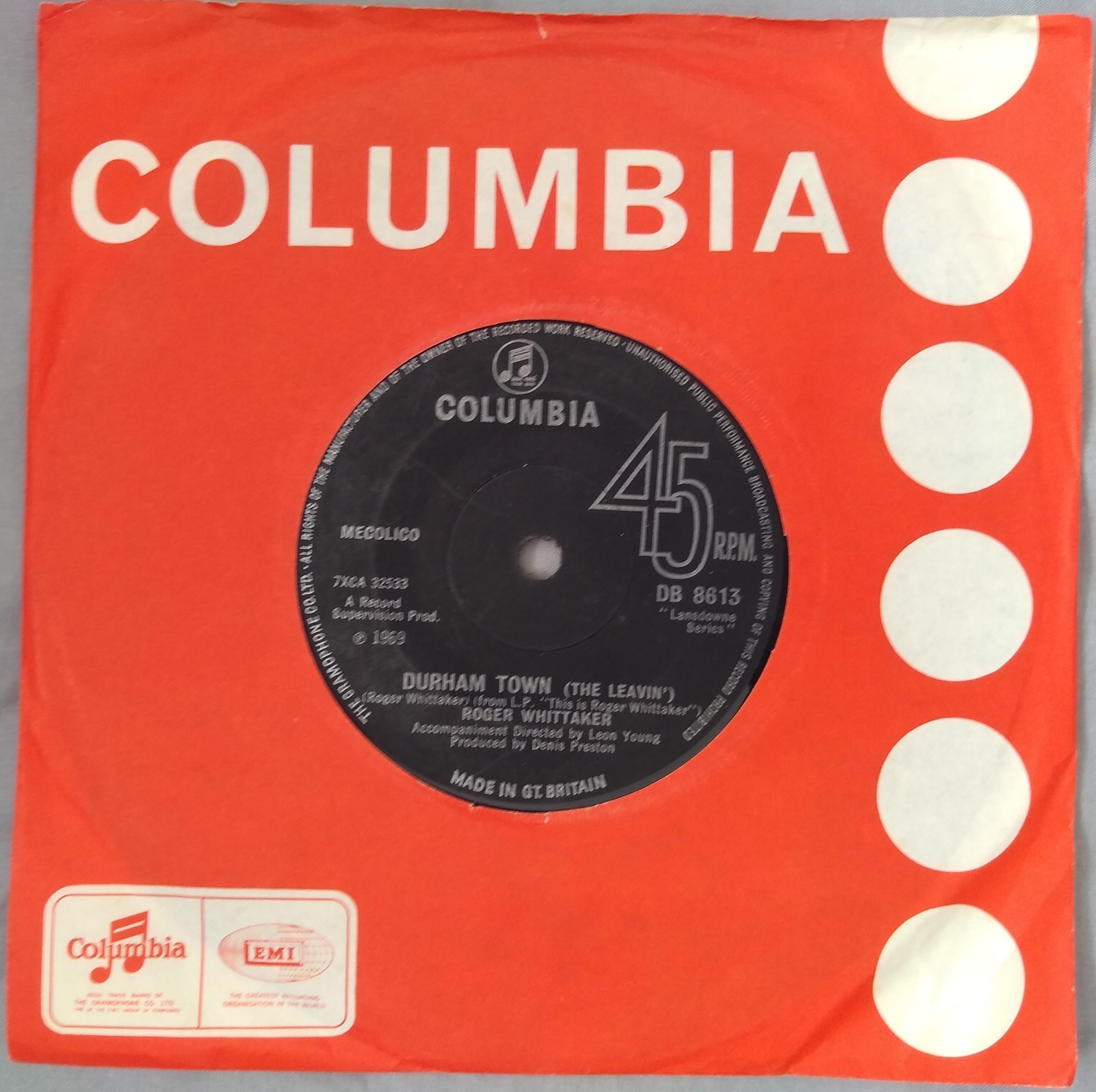Roger Whittaker – Durham Town (The Leavin') (Columbia 1969) 7" vinyl single VG/VG