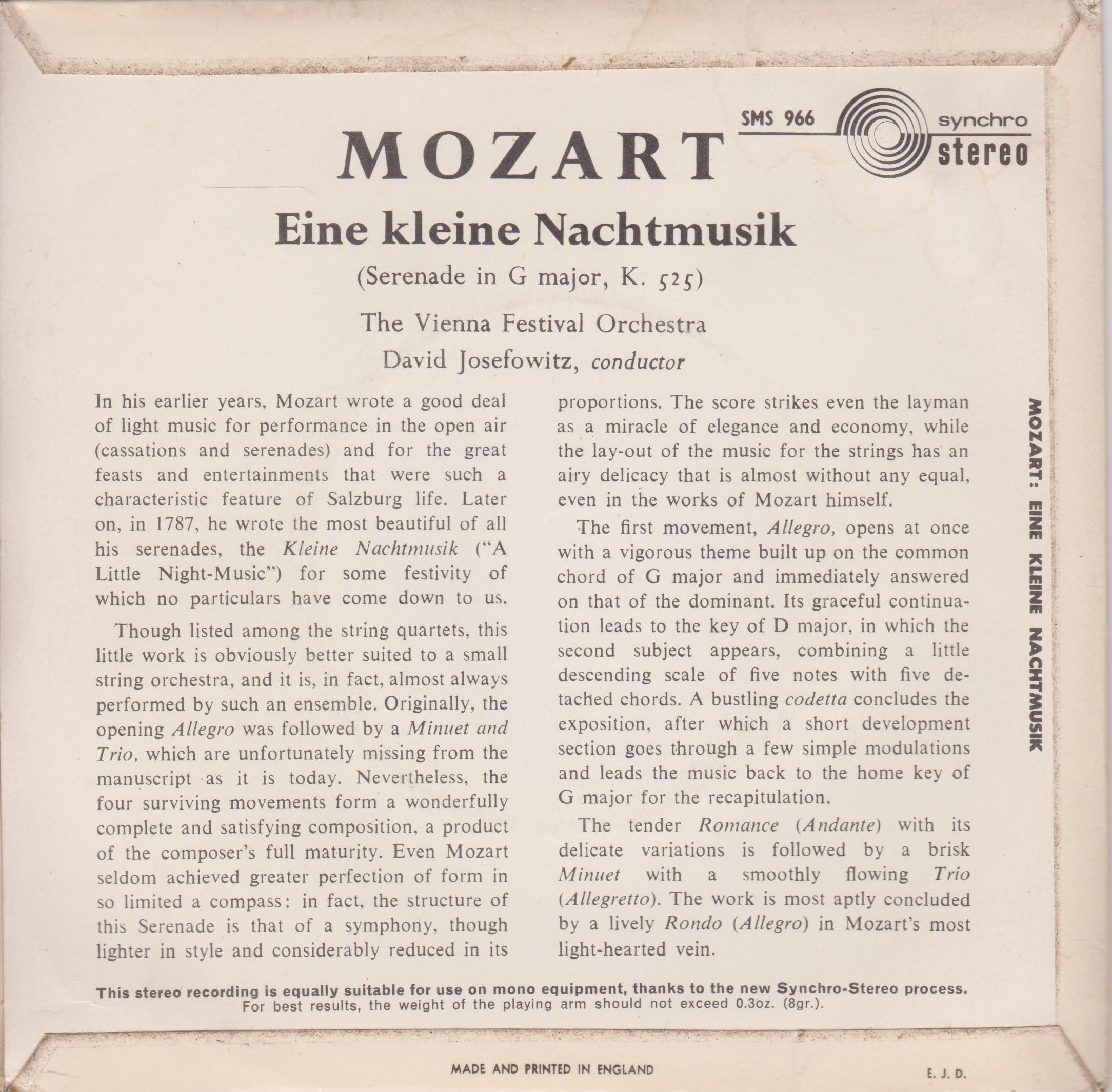 Mozart - Eine kleine Nachtmusik (Concert Hall 1966) 7" vinyl EP VG/VG