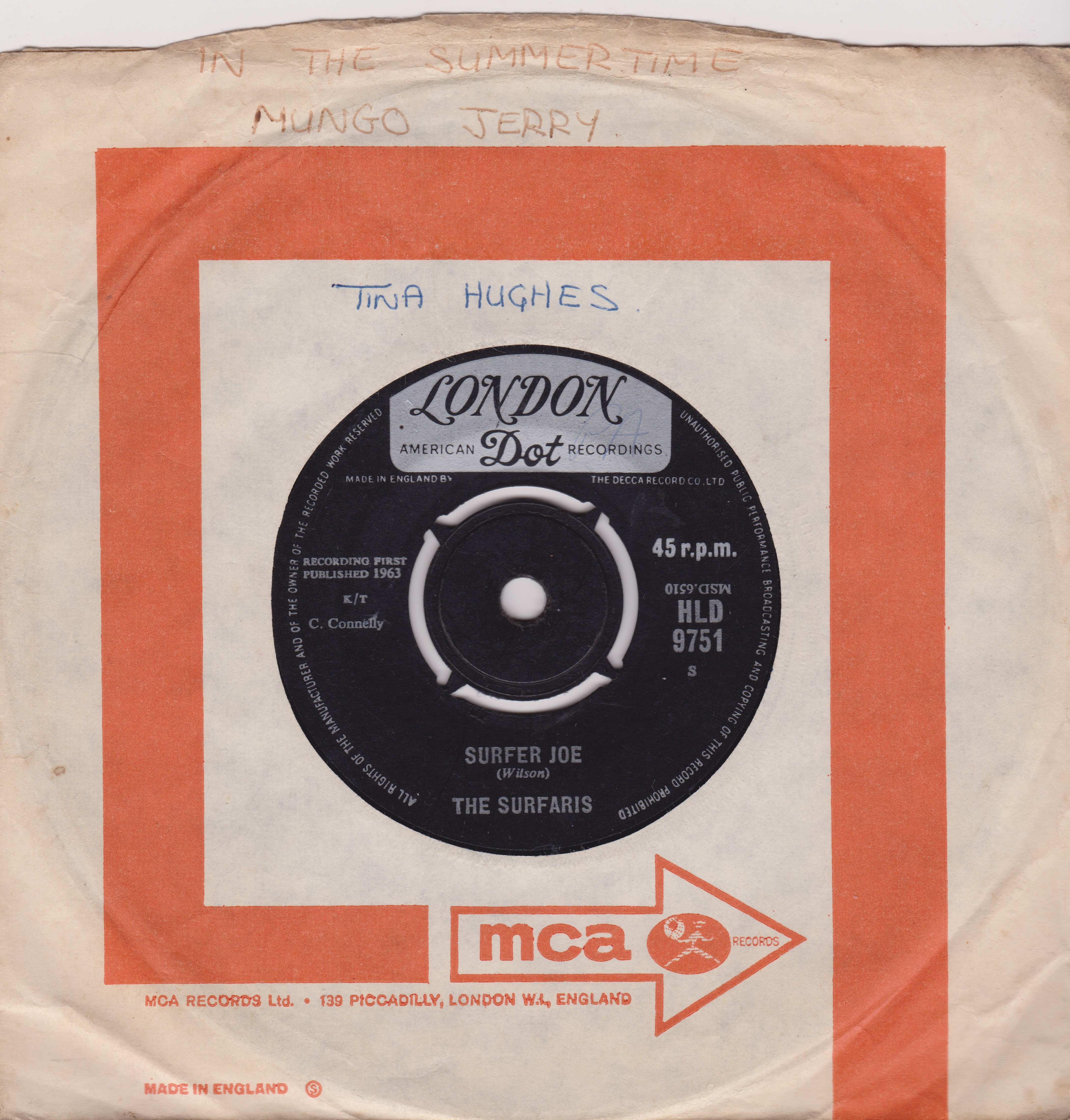 The Surfaris ‎– Wipe Out (London 1963) 7" vinyl single VG/-