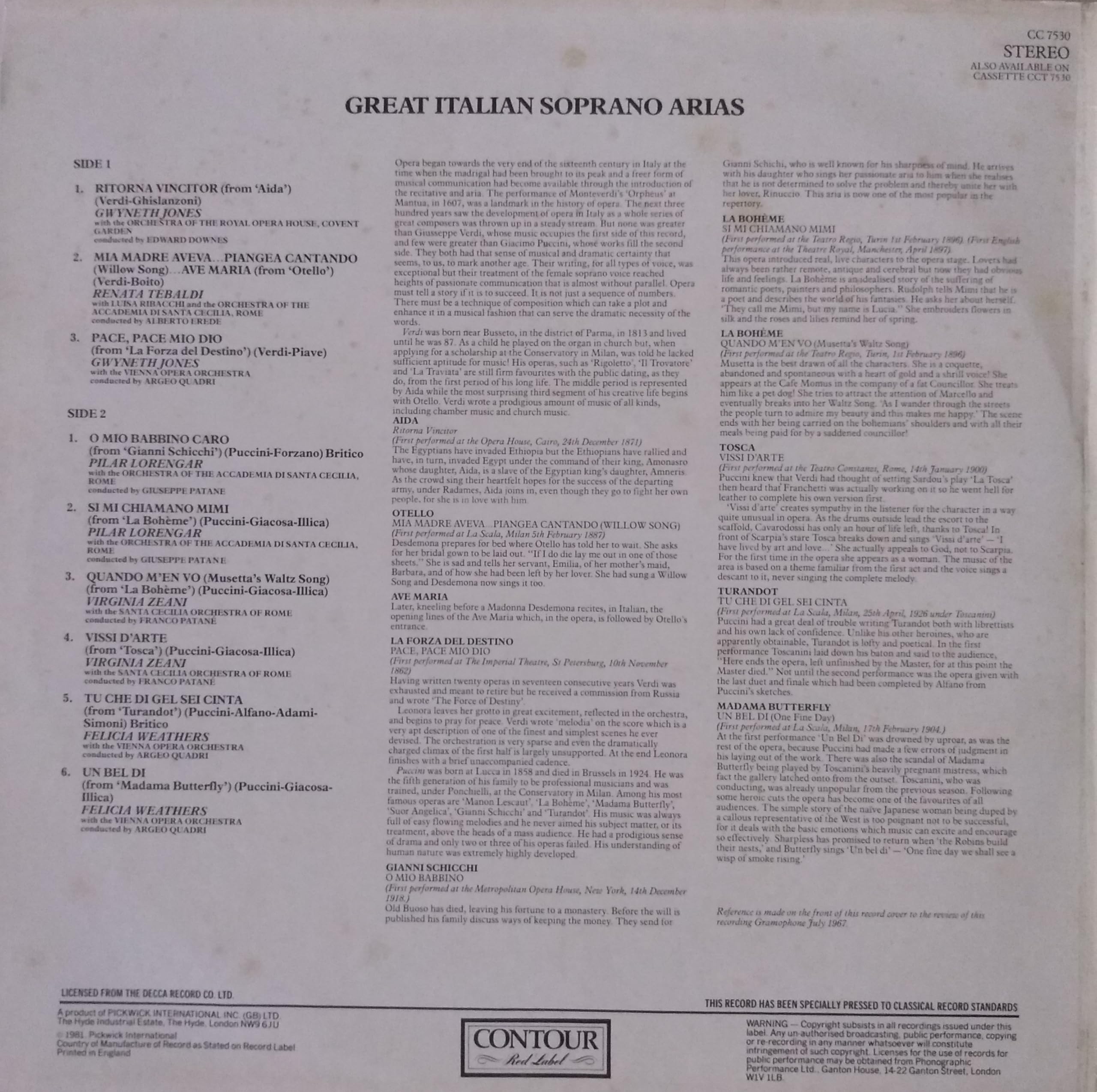 Various ‎– Great Italian Soprano Arias (Contour 1973) 12" vinyl LP VG/VG