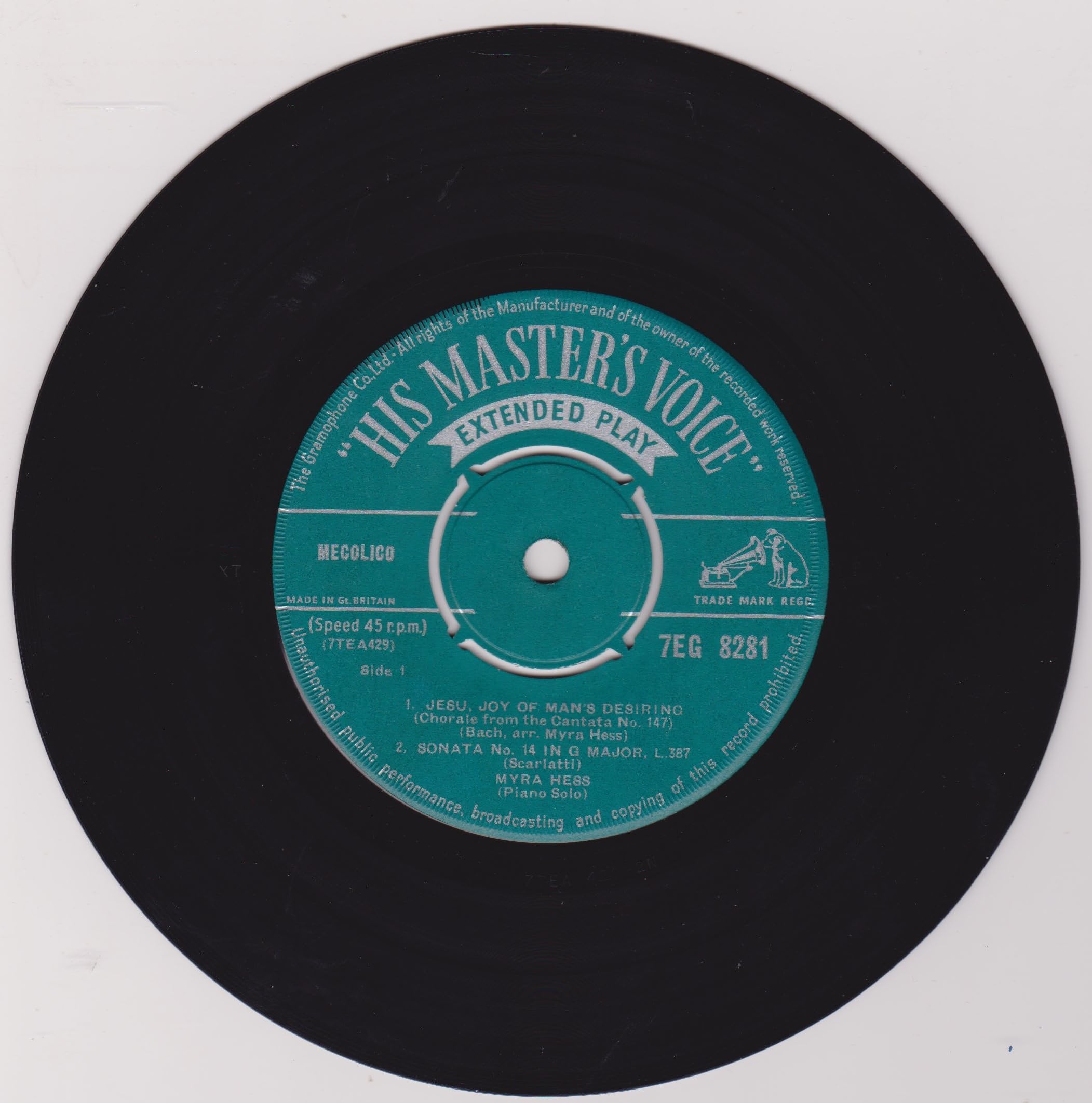 Myra Hess ‎– Piano Recital (HMV 1963) 7" vinyl EP VG/VG