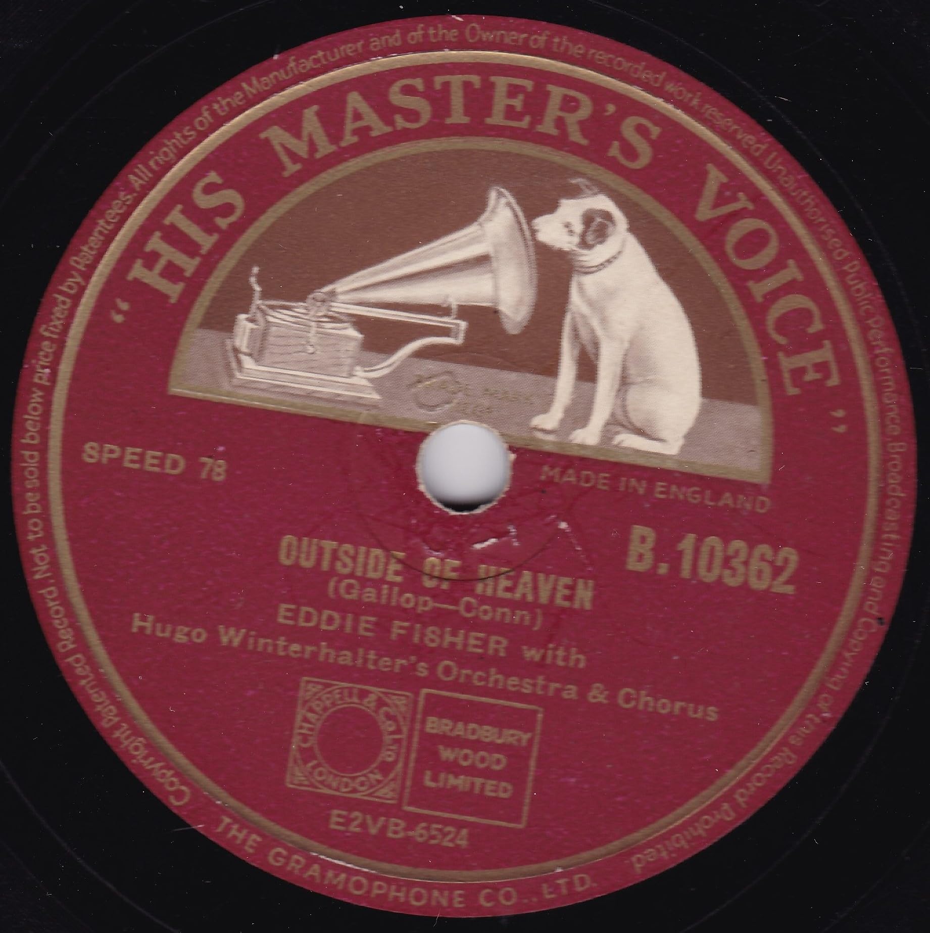 Eddie Fisher ‎– Outside Of Heaven (HMV 1953) 10" 78RPM shellac single VG/-