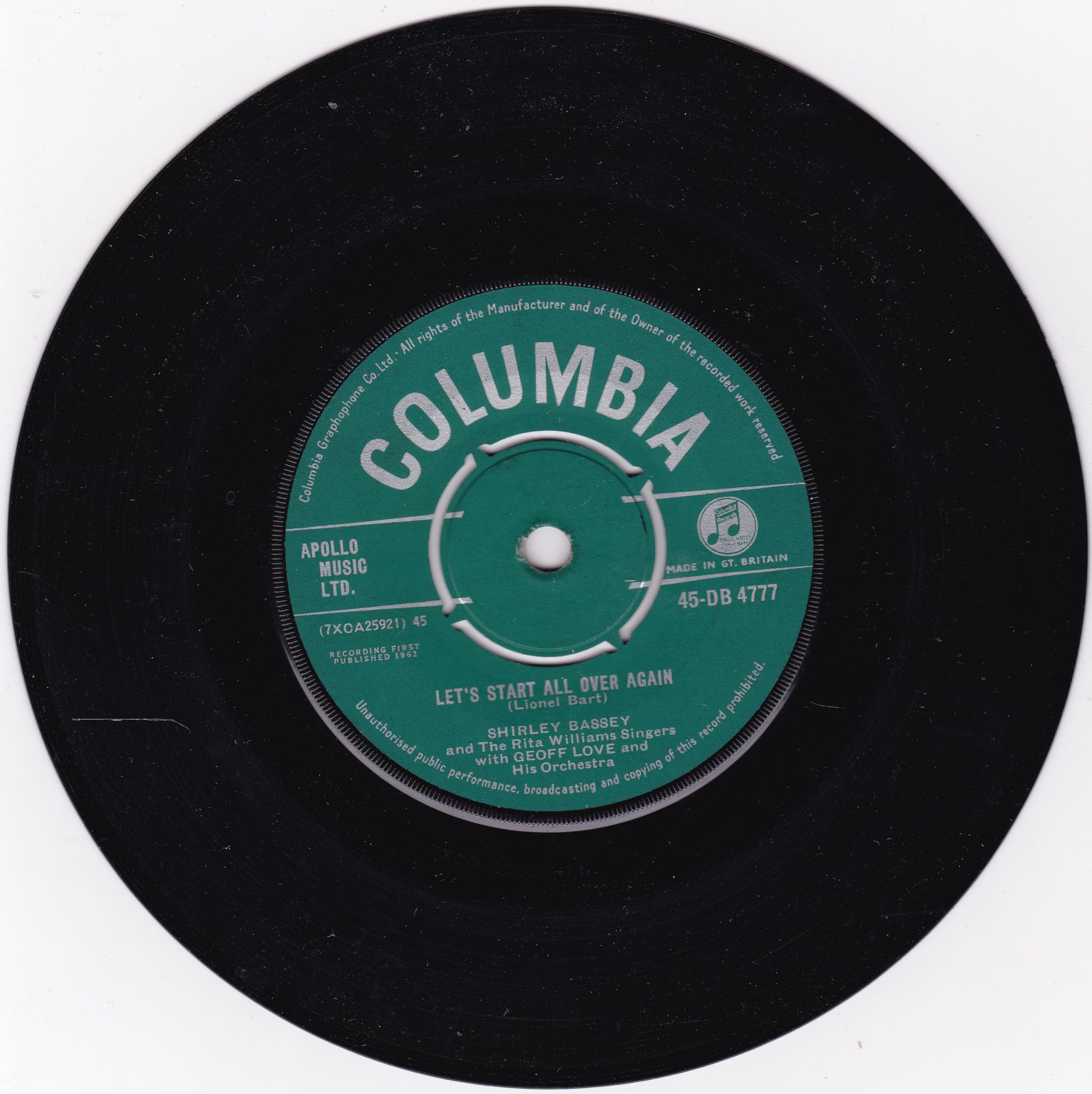 Shirley Bassey And The Rita Williams Singers With Geoff Love & His Orchestra ‎– Tonight (Columbia 1962) 7" vinyl single VG/G+