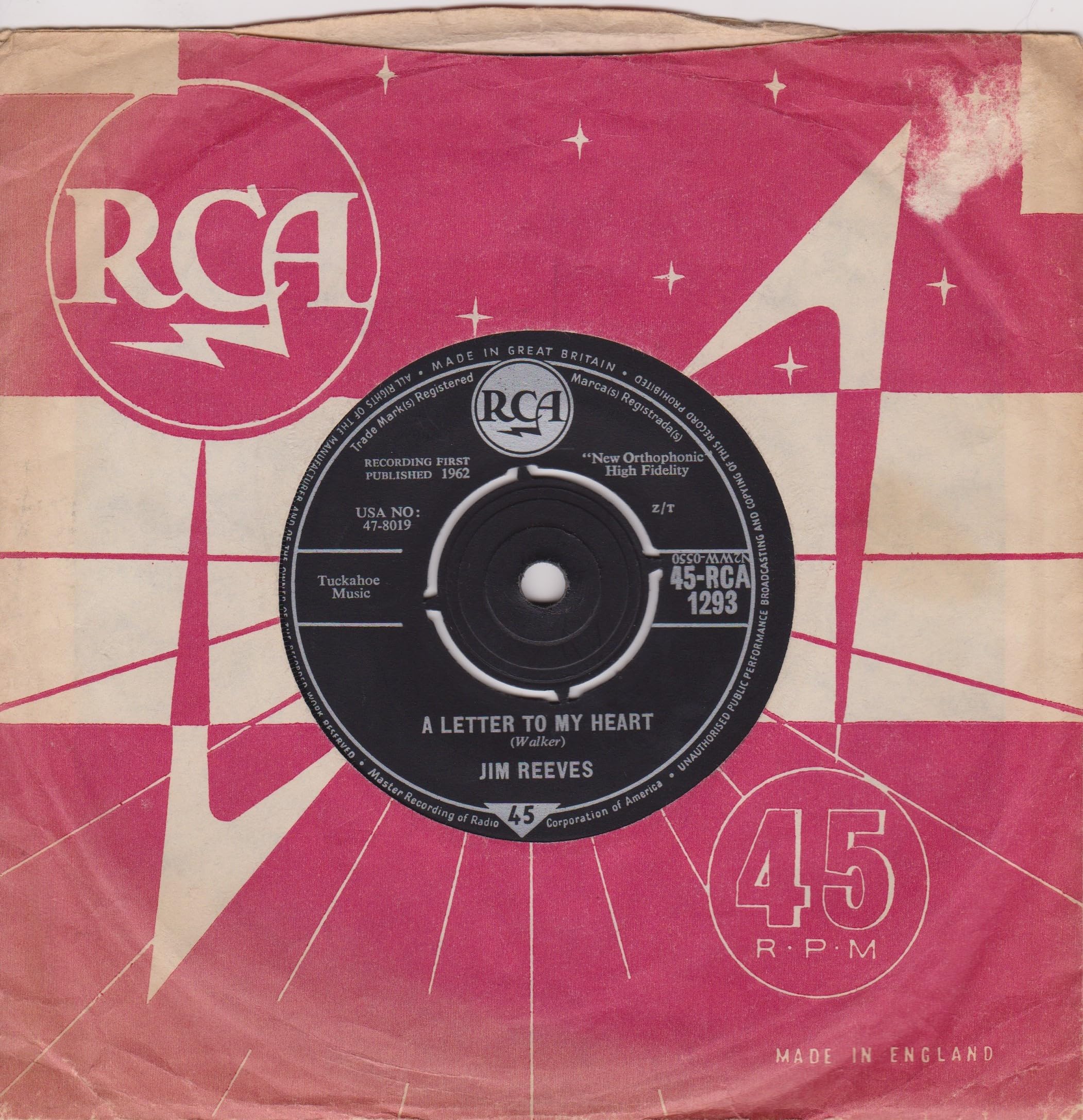 Jim Reeves - Adios Amigo (RCA 1962) 7" vinyl single VG/VG