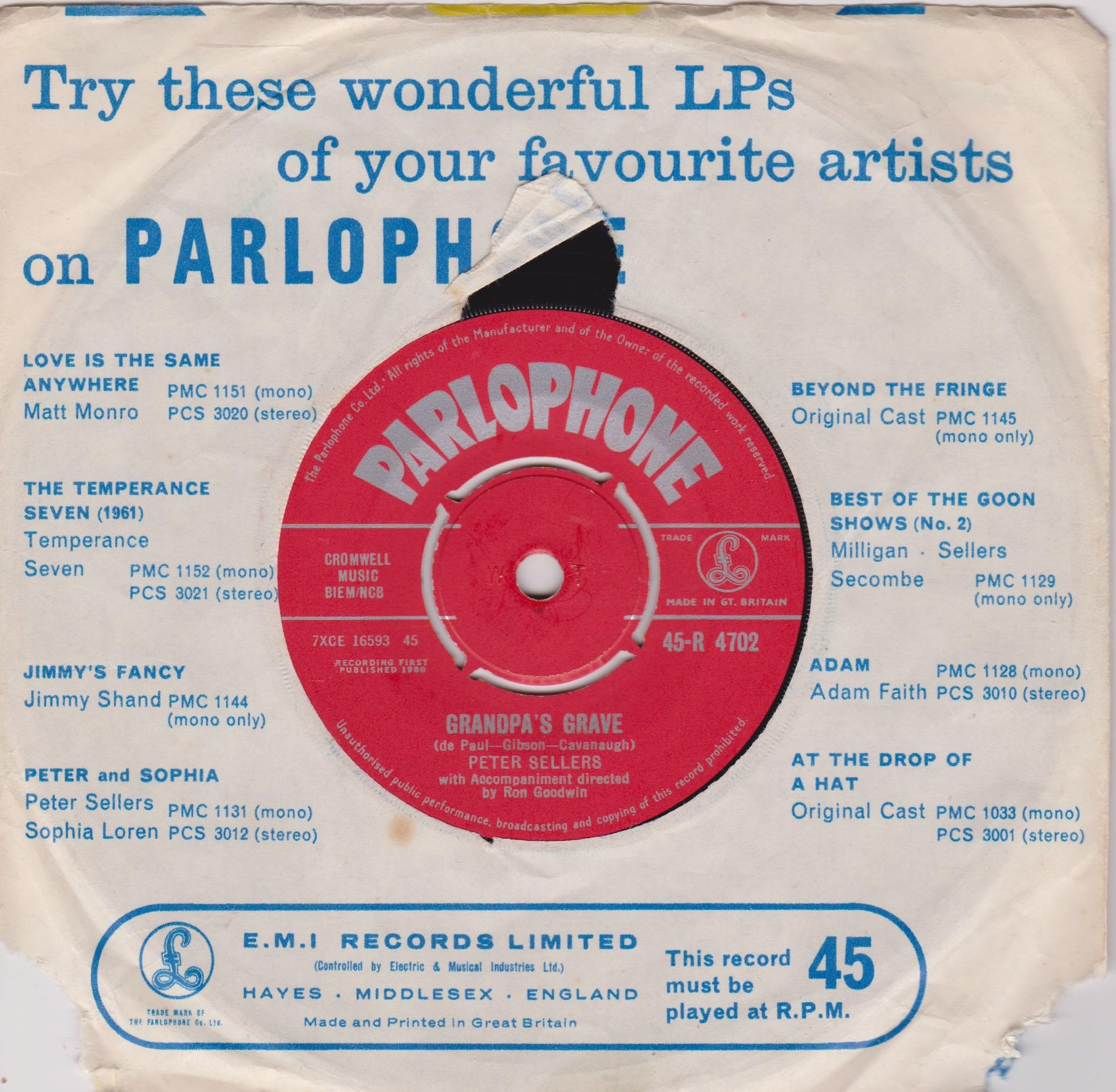 Peter Sellers & Sophia Loren ‎– Goodness Gracious Me! (Parlophone 1960) 7" vinyl single VG/G+