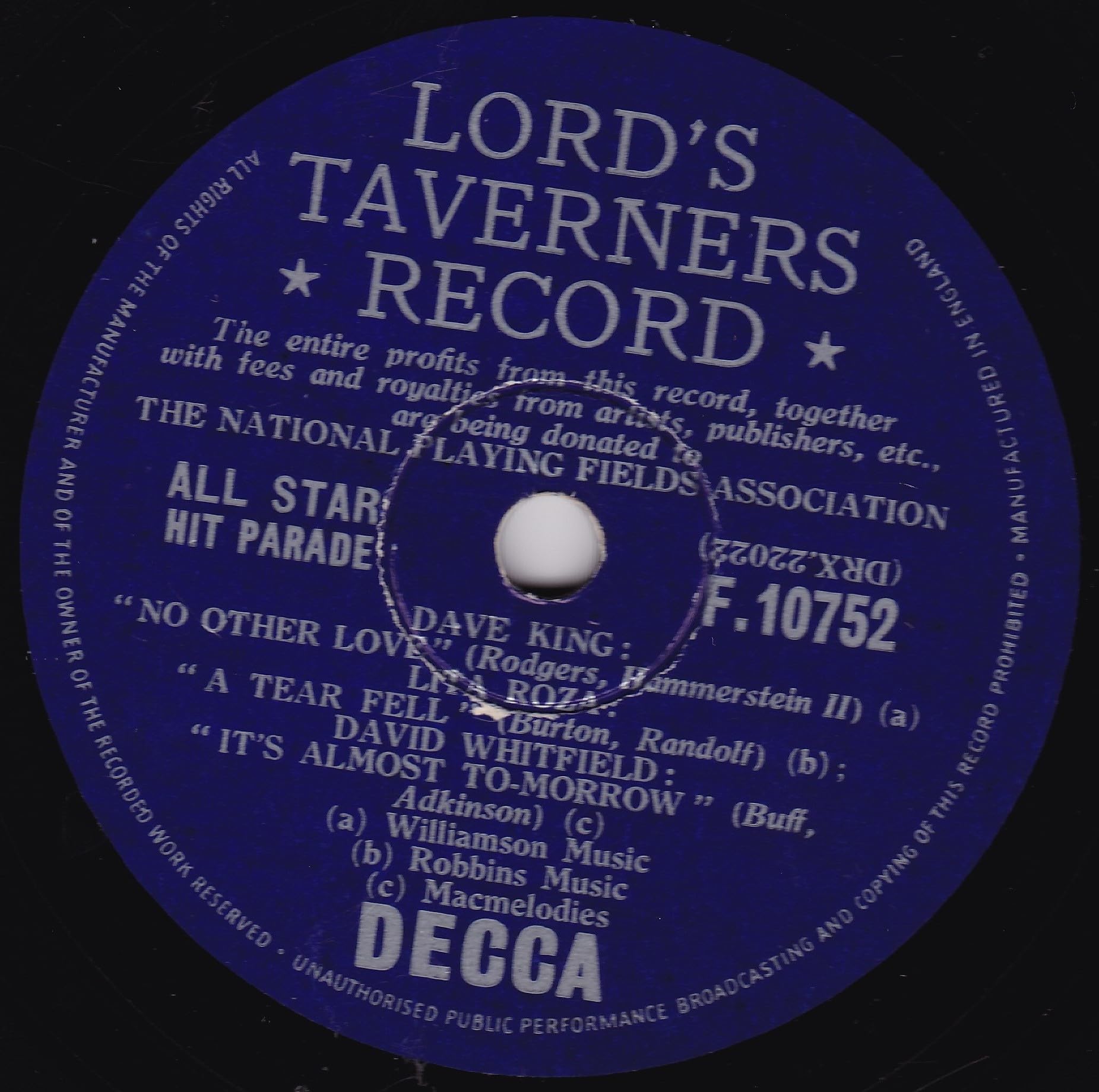 Various – Lord's Taverners Record - All Star Hit Parade No. 2 (Decca 1957) 10" 78RPM shellac single VG/-