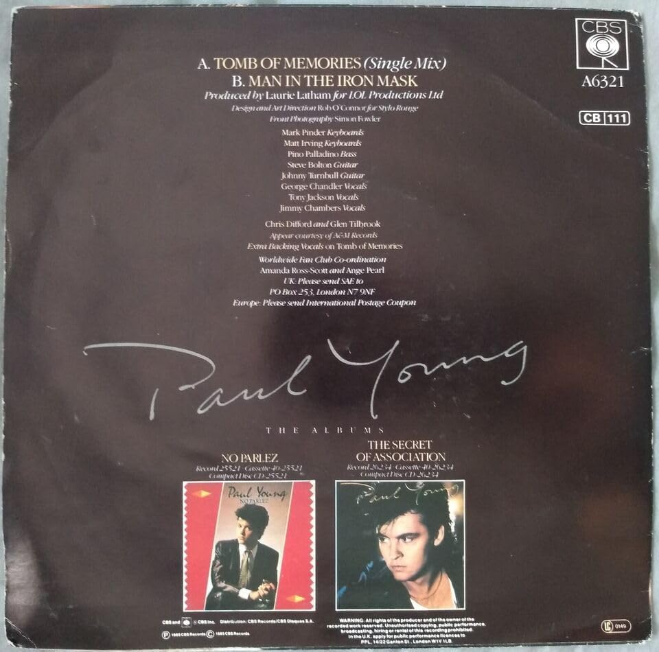 Paul Young - Tomb of Memories (CBS 1985) 7" vinyl P/S single VG/VG jukebox centre