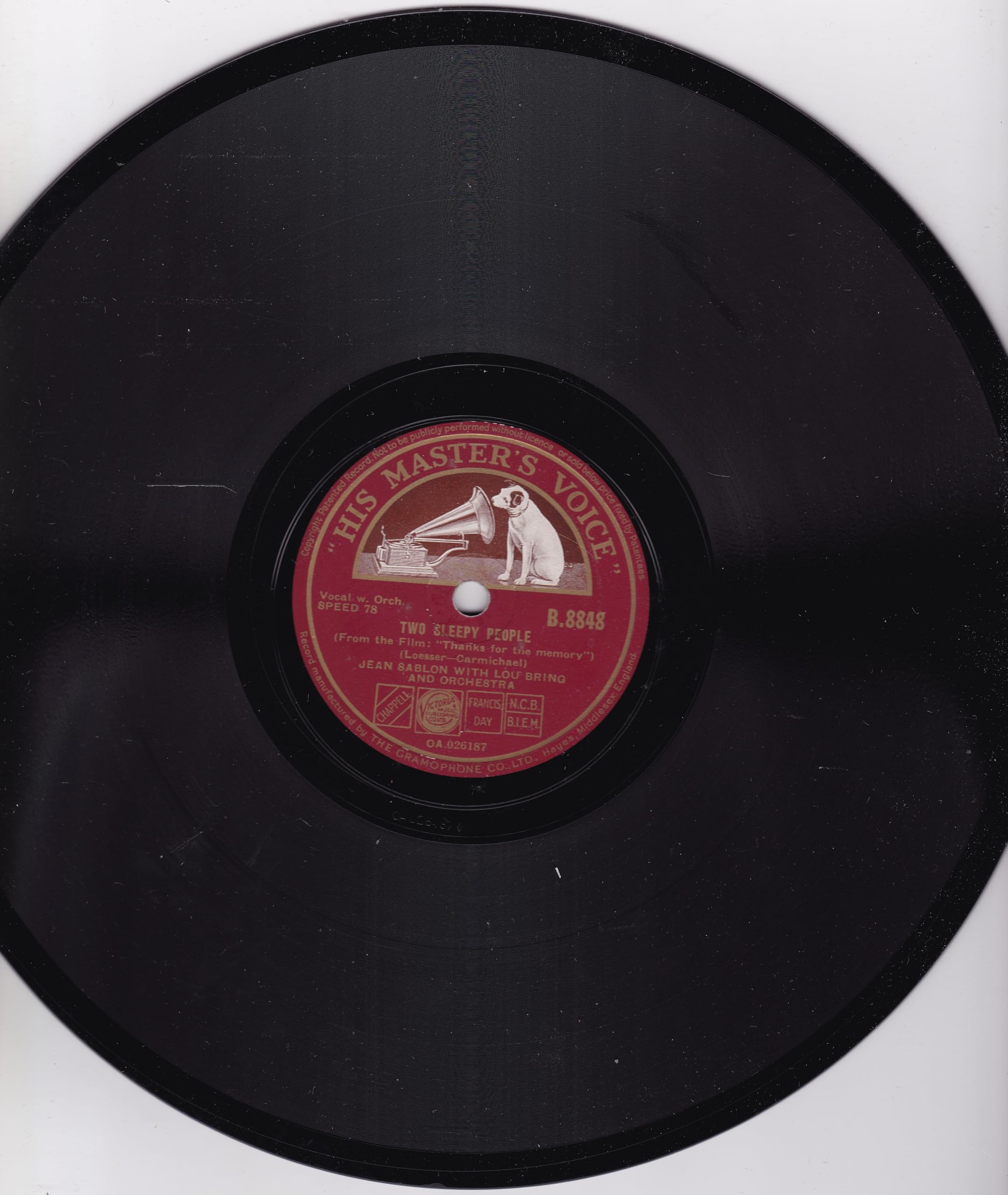 Jean Sablon With Lou Bring And His Orchestra ‎– Two Sleepy People (HMV 1939) 10" 78RPM shellac single VG/-