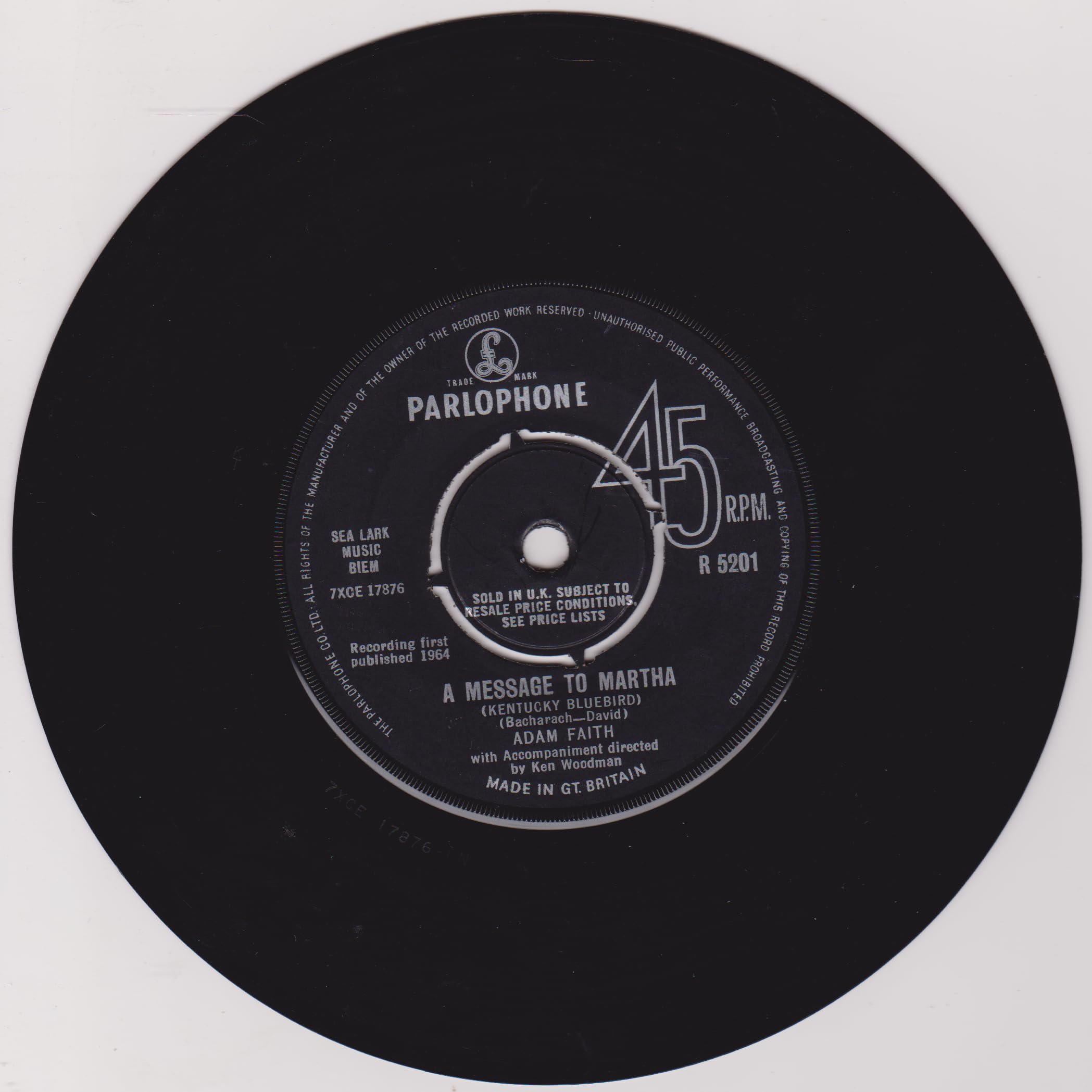 Adam Faith ‎– A Message To Martha (Kentucky Bluebird) (Parlophone 1964) 7" vinyl single VG/-