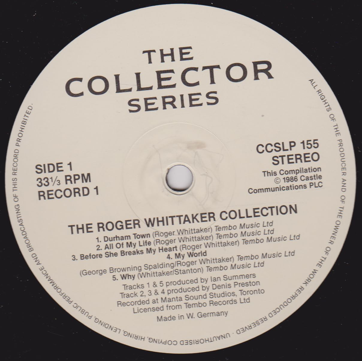 Roger Whittaker – The Roger Whittaker Collection (Castle Communications 1986) 2x12" vinyl LP VG/VG
