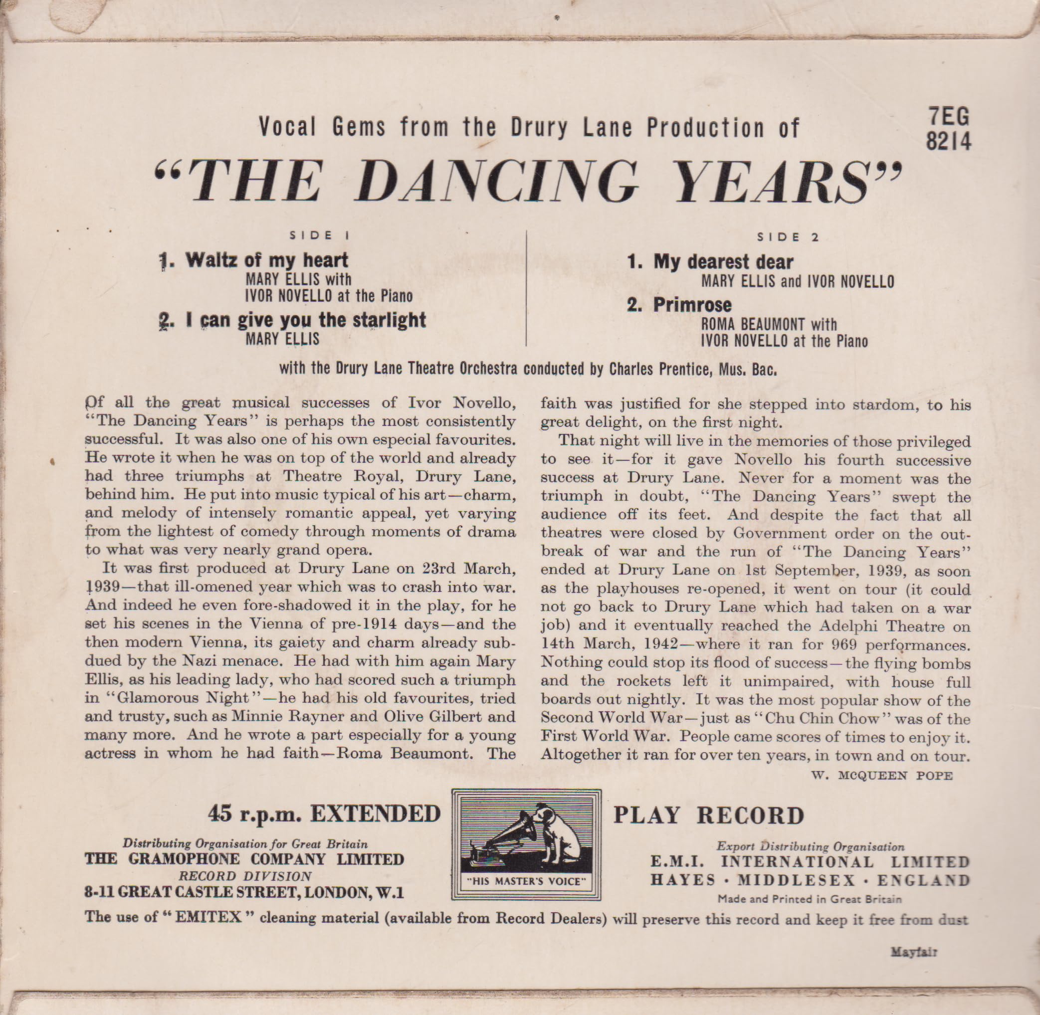 Various ‎– Vocal Gems From The Drury Lane Production Of 'The Dancing Years' 7" vinyl EP VG/VG