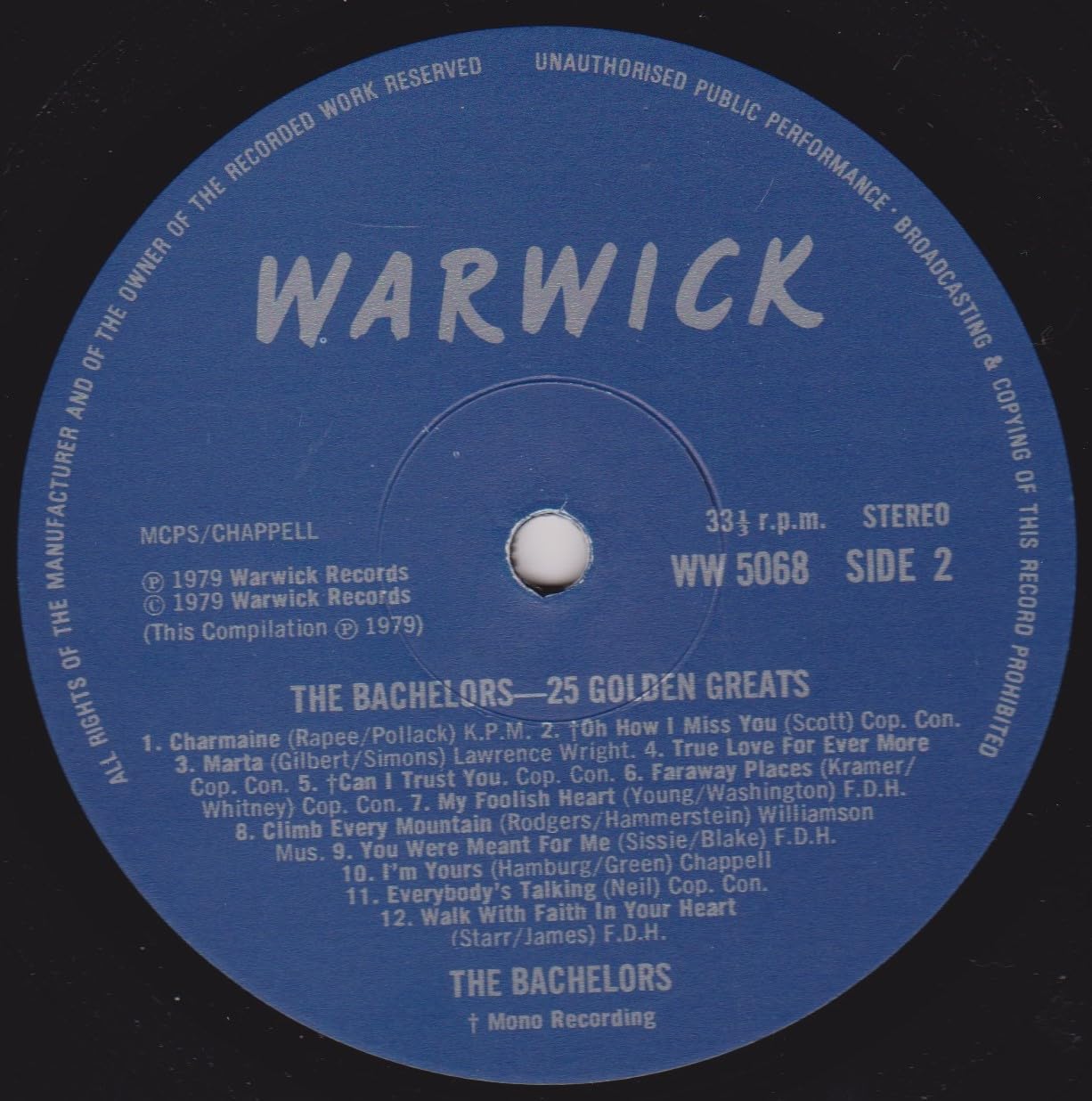 he Bachelors ‎– 25 Golden Greats (Warwick 1979) 12" vinyl LP VG/VG