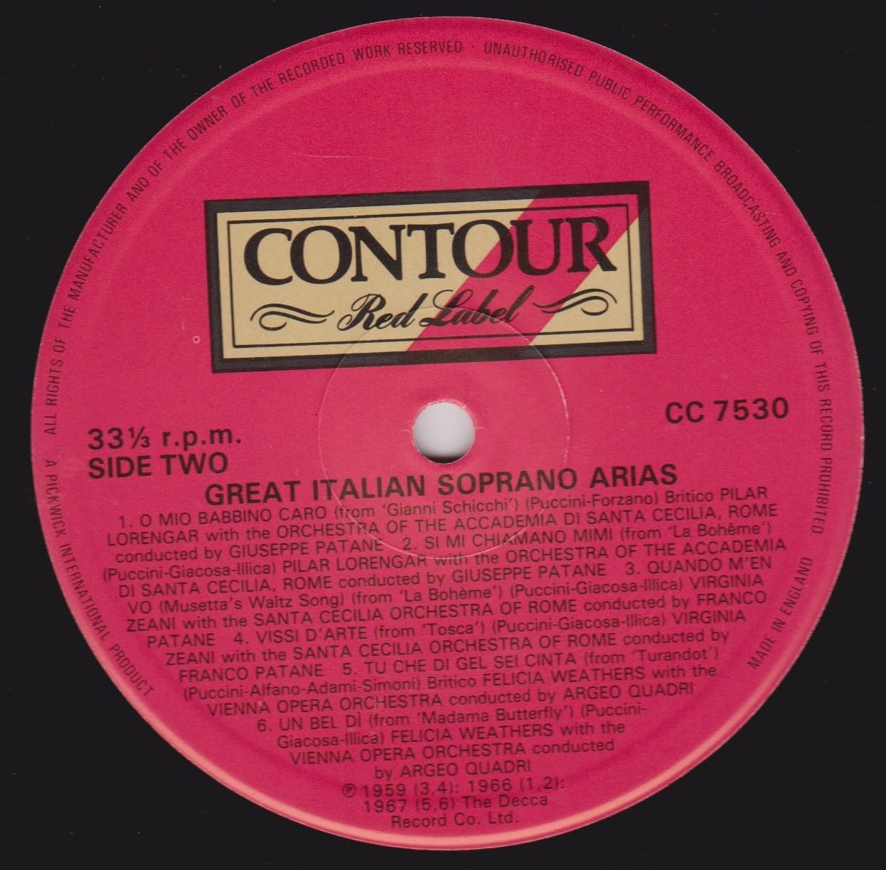 Various ‎– Great Italian Soprano Arias (Contour 1973) 12" vinyl LP VG/VG