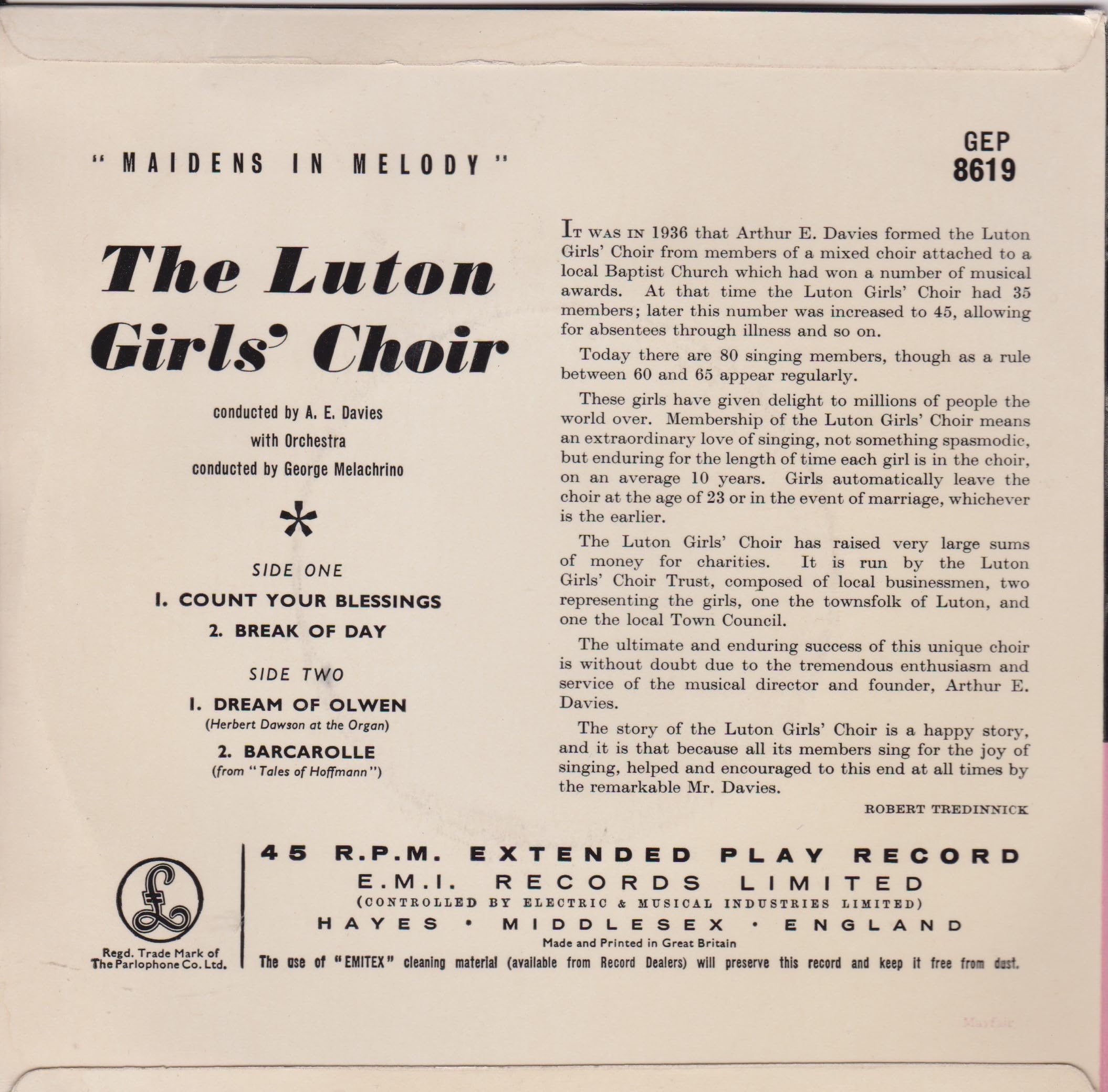Luton Girls' Choir With Orchestra Conducted By George Melachrino ‎– Maidens In Melody (Parlophone 1957) 7" vinyl EP VG/VG