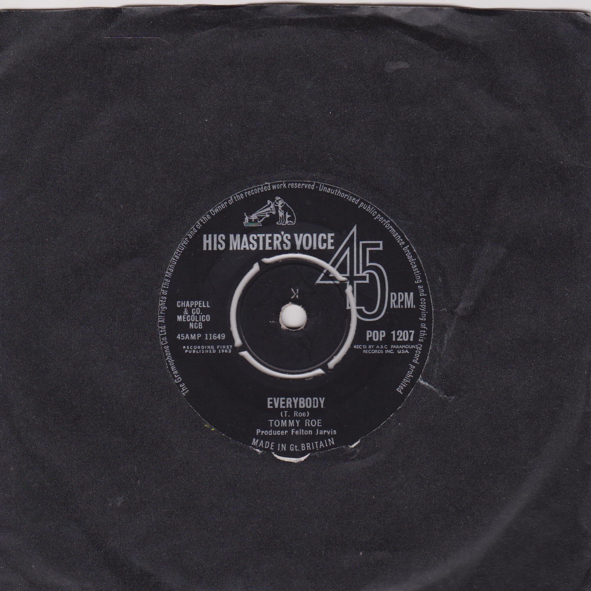 Tommy Roe – Everybody (HMV 1963) 7" vinyl single VG/-