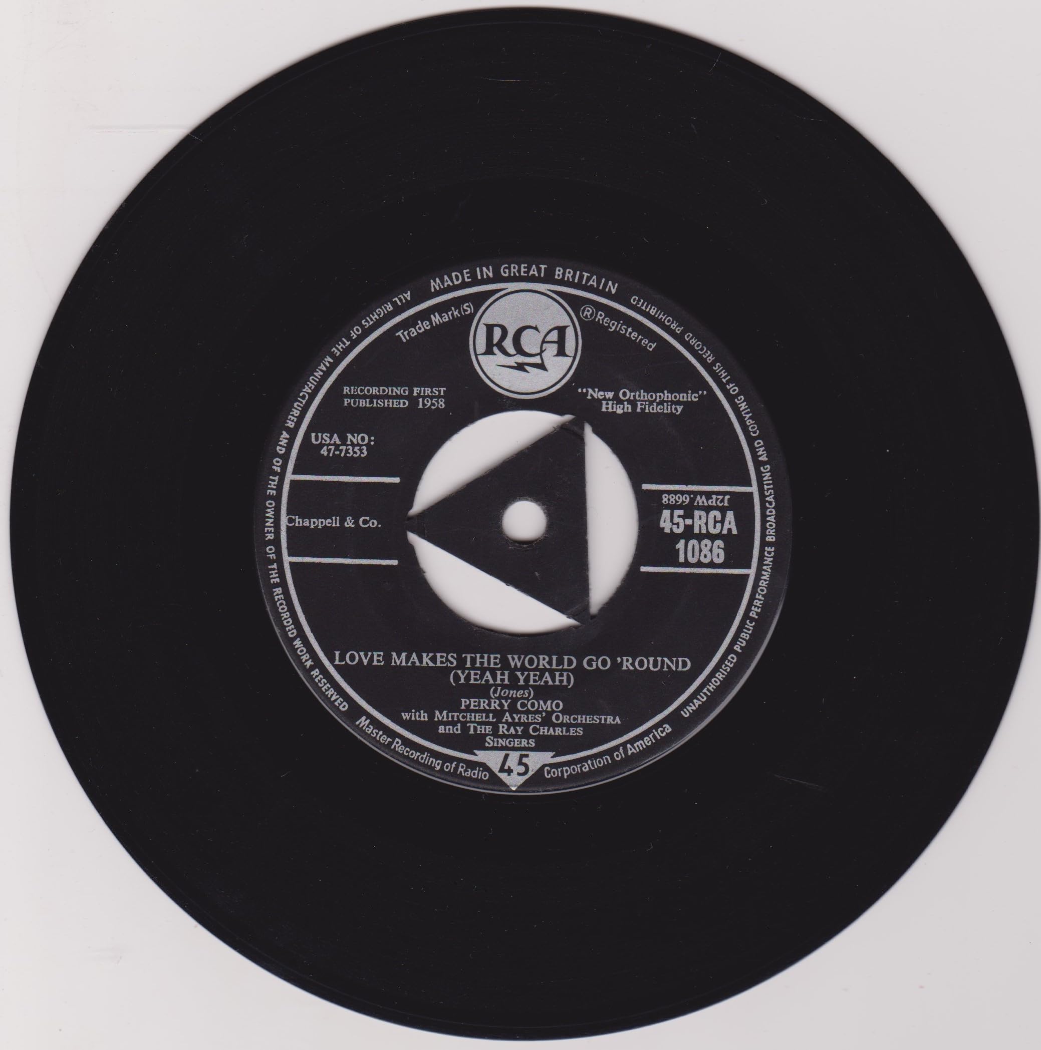 Perry Como - Love Makes The World Go 'Round (Yeah Yeah) (RCA 1958) 7" vinyl single VG/-