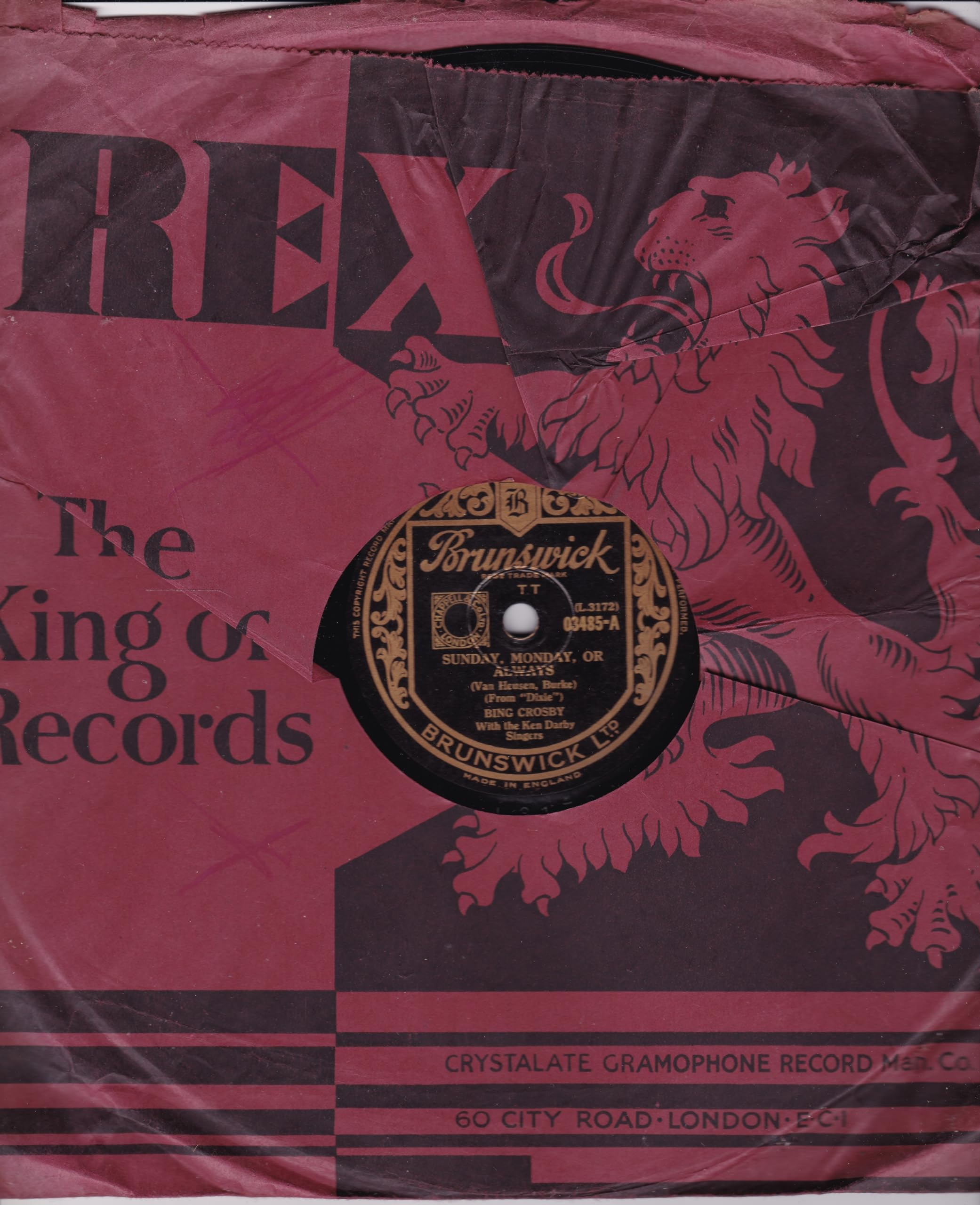 Bing Crosby With The Ken Darby Singers ‎– Sunday, Monday, Or Always (Brunswick) 10" 78RPM shellac single VG/-