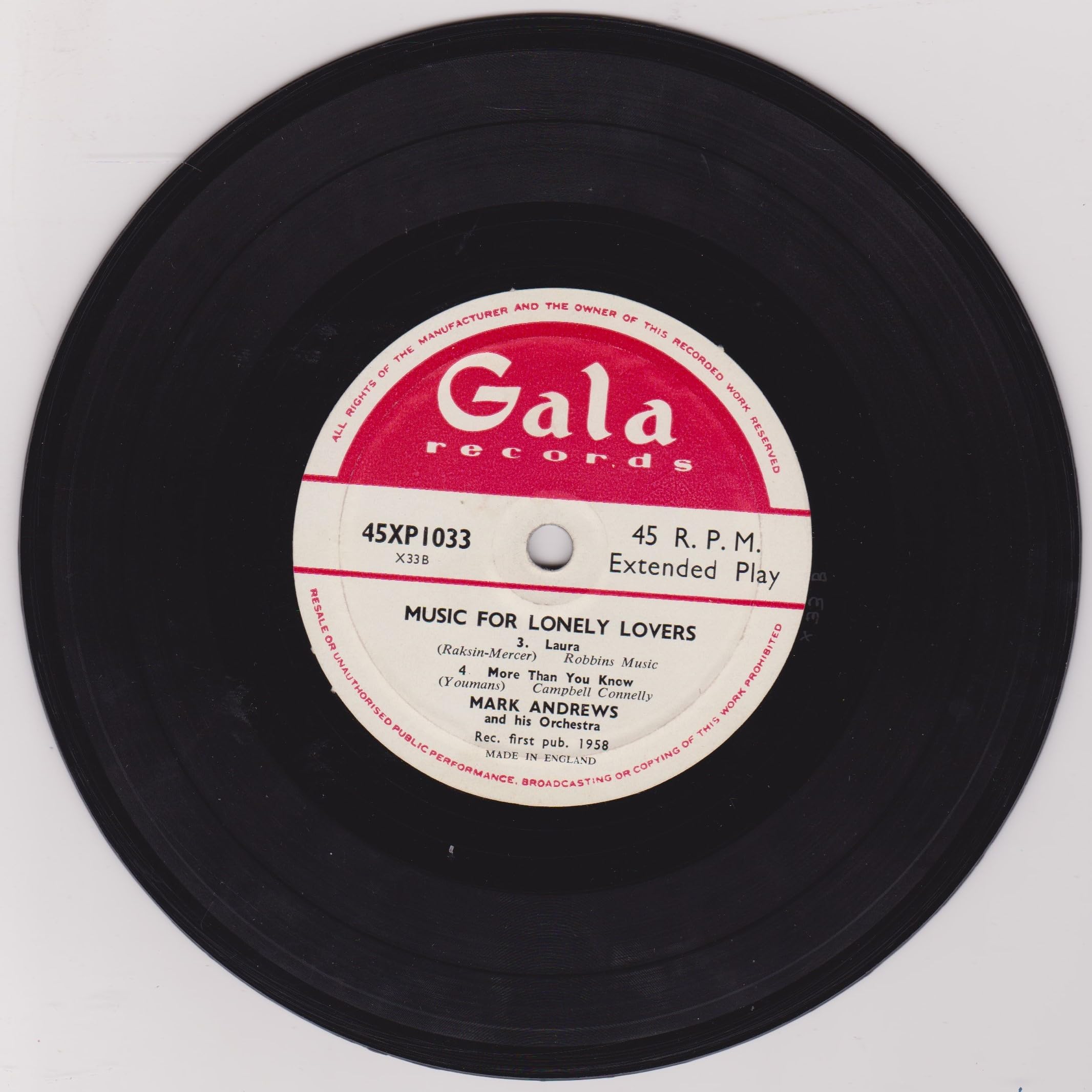 Mark Andrews & His Orchestra ‎– Music For Lonely Lovers (Gala 1958) 7" vinyl EP VG/VG