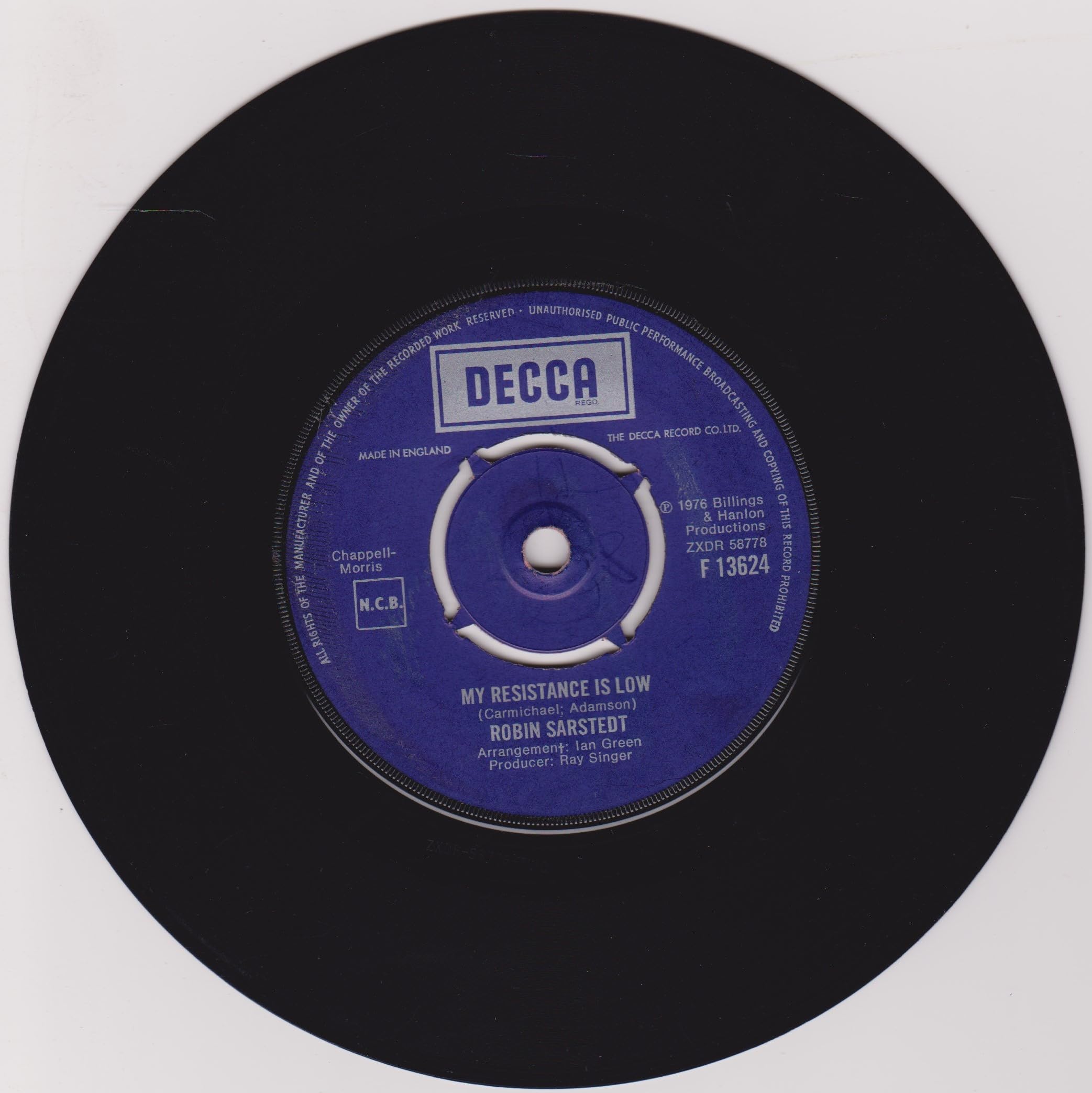 Robin Sarstedt ‎– My Resistance Is Low (Decca 1976) 7" vinyl single VG/-