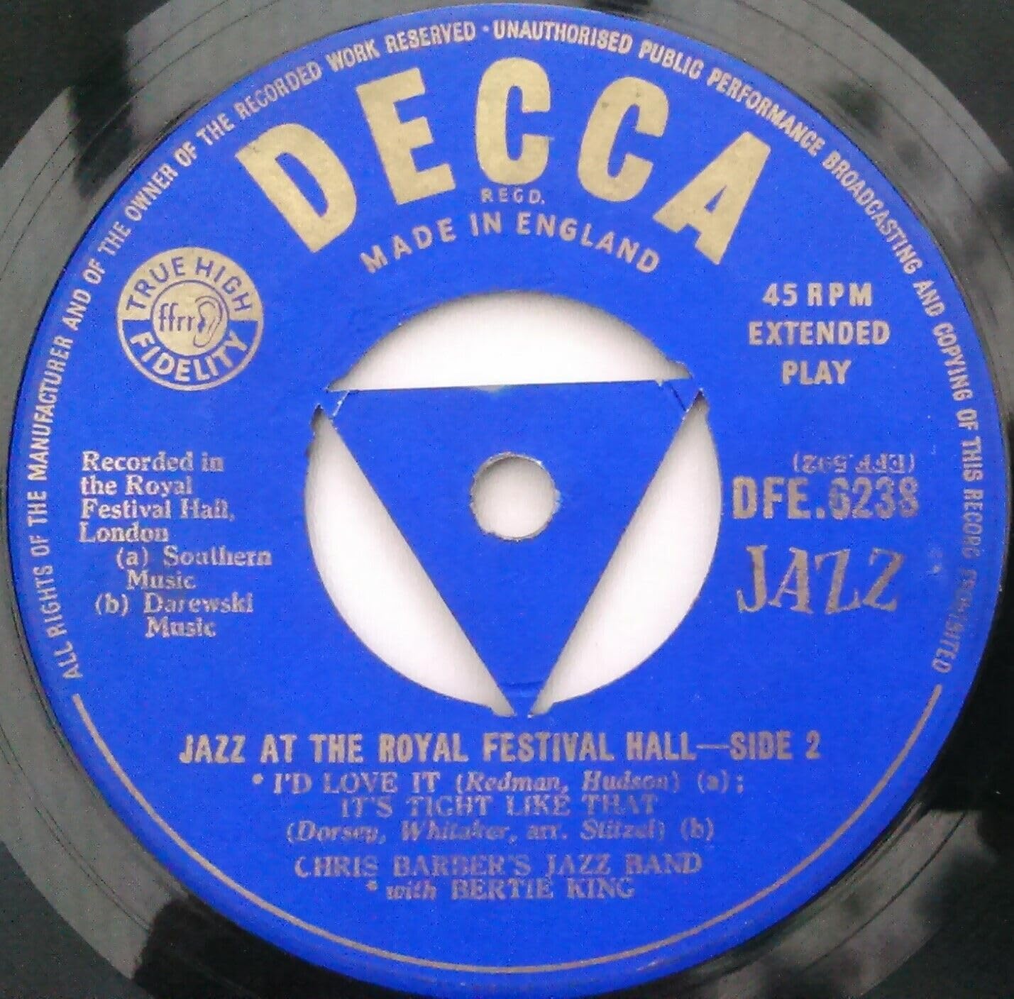 Chris Barber's Jazz Band With Bertie King ‎– Jazz At The Royal Festival Hall (Decca 1955) 7" vinyl EP VG/-