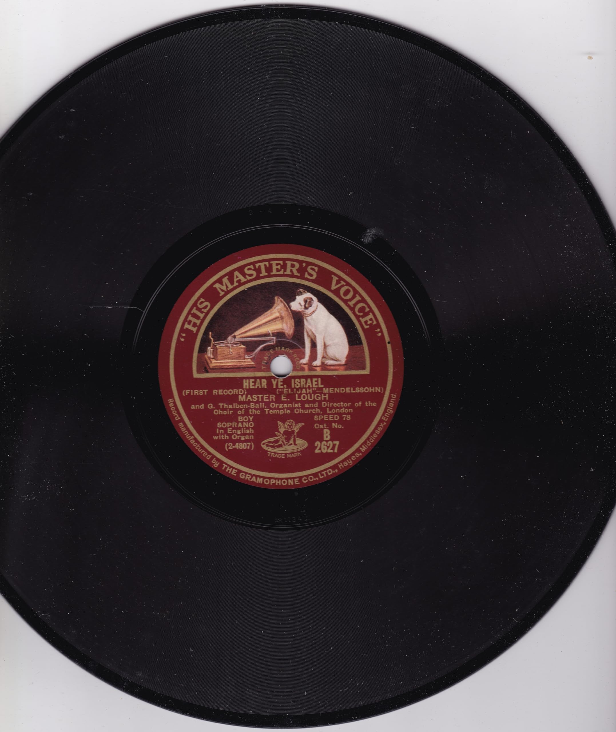 Master E. Lough And G. Thalben-Ball ‎– Hear Ye, Israel (HMV 1928) 10" 78RPM shellac single VG/G+