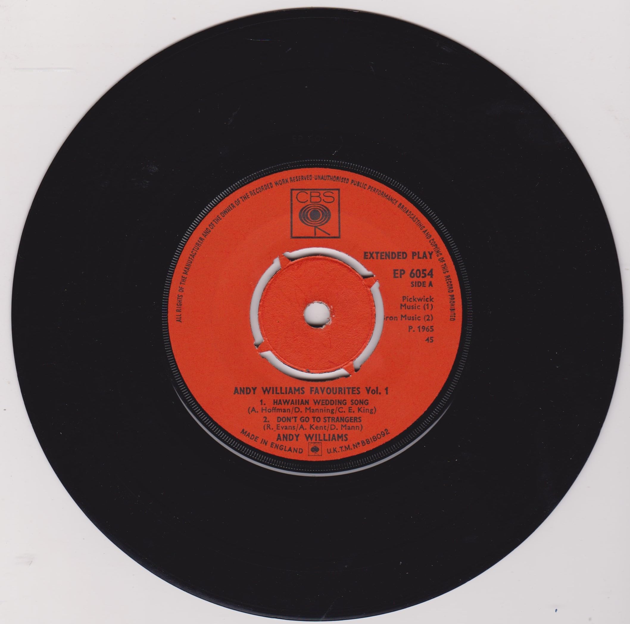 Andy Williams ‎– Andy Williams Favourites Volume 1 (CBS 1965) 7" vinyl EP VG/VG