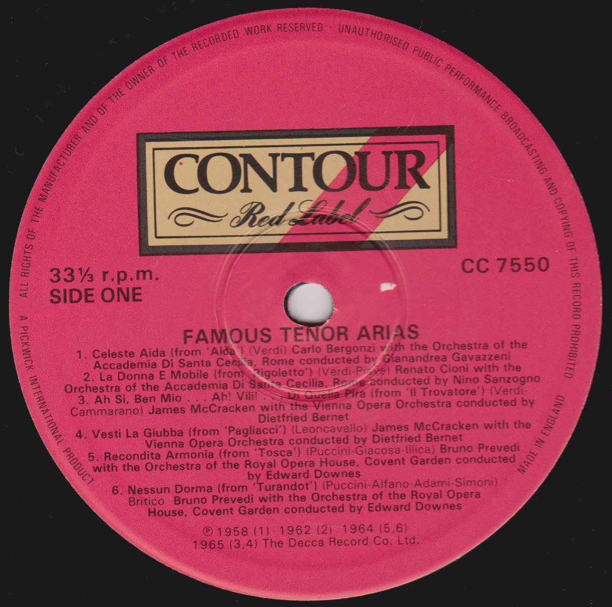 Various - Famous Tenor Arias (Contour 1981) 12" vinyl LP VG/VG