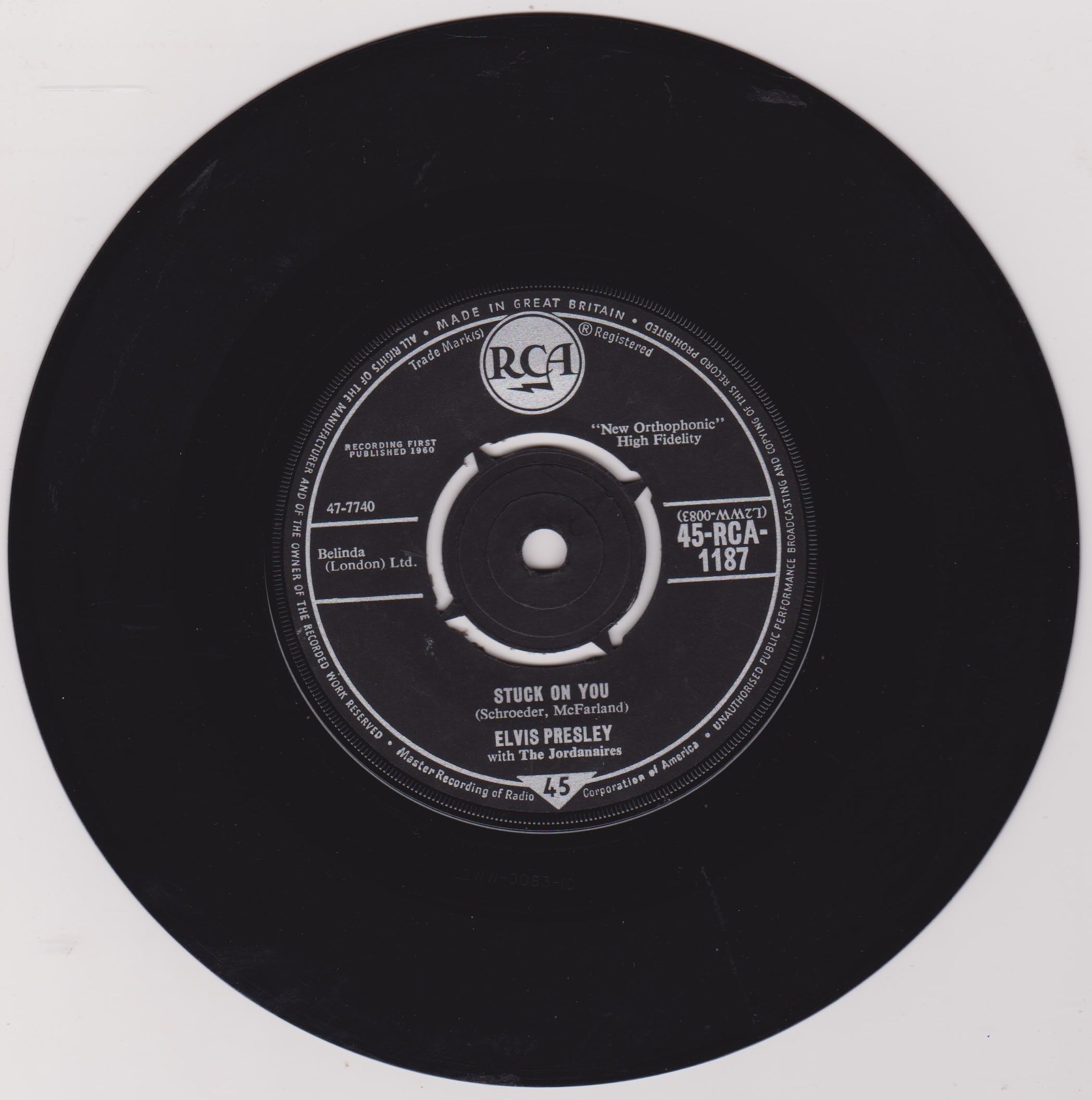 Elvis Presley With The Jordanaires ‎– Stuck On You (RCA 1960) 7" vinyl single VG/VG