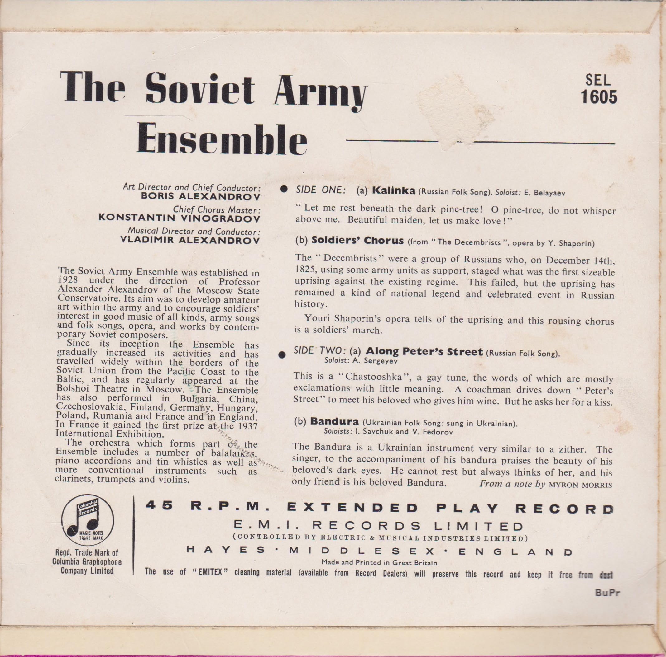 The Soviet Army Ensemble Conducted By Colonel Alexandrov - Kalinka (Columbia) 7" vinyl EP VG/VG