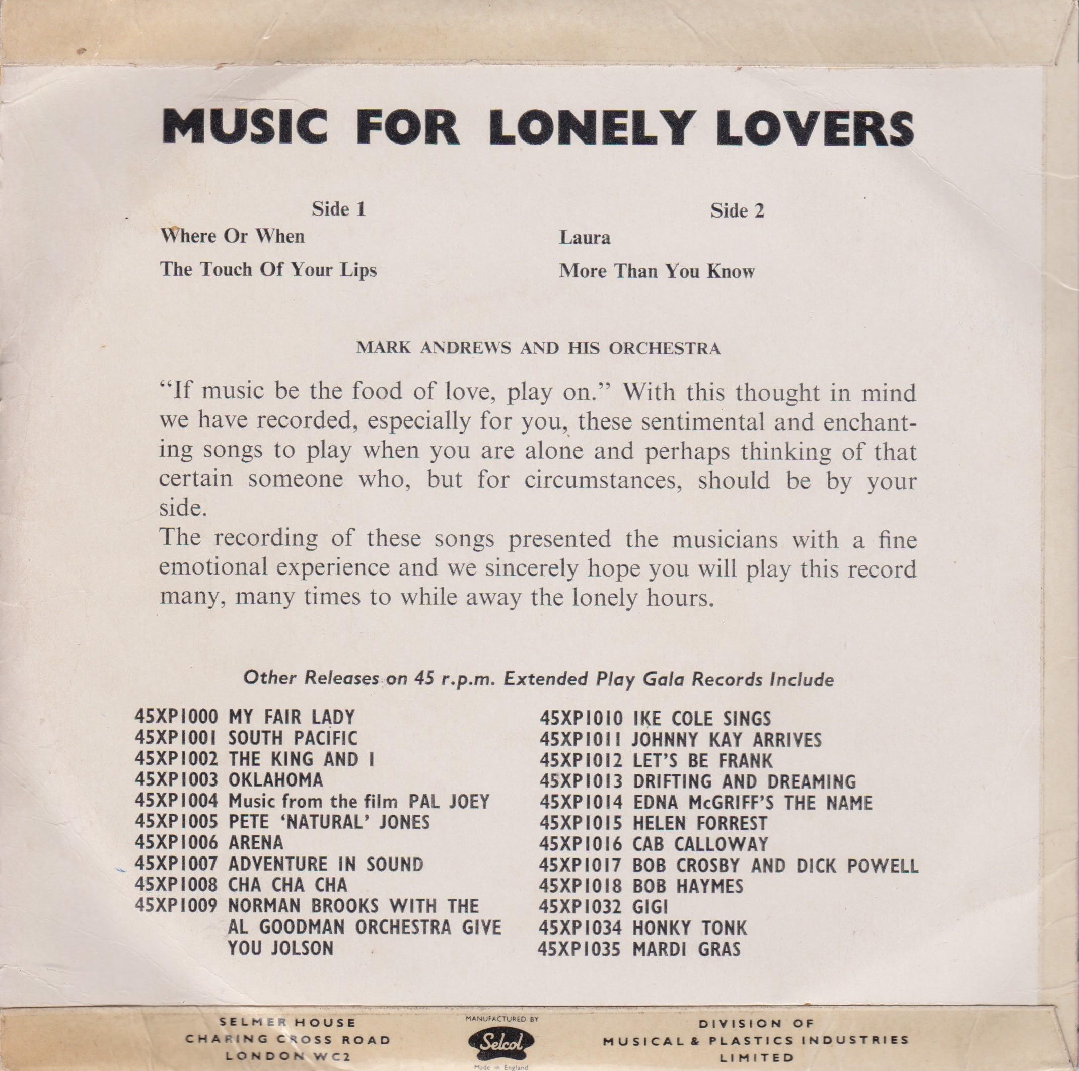 Mark Andrews & His Orchestra ‎– Music For Lonely Lovers (Gala 1958) 7" vinyl EP VG/VG