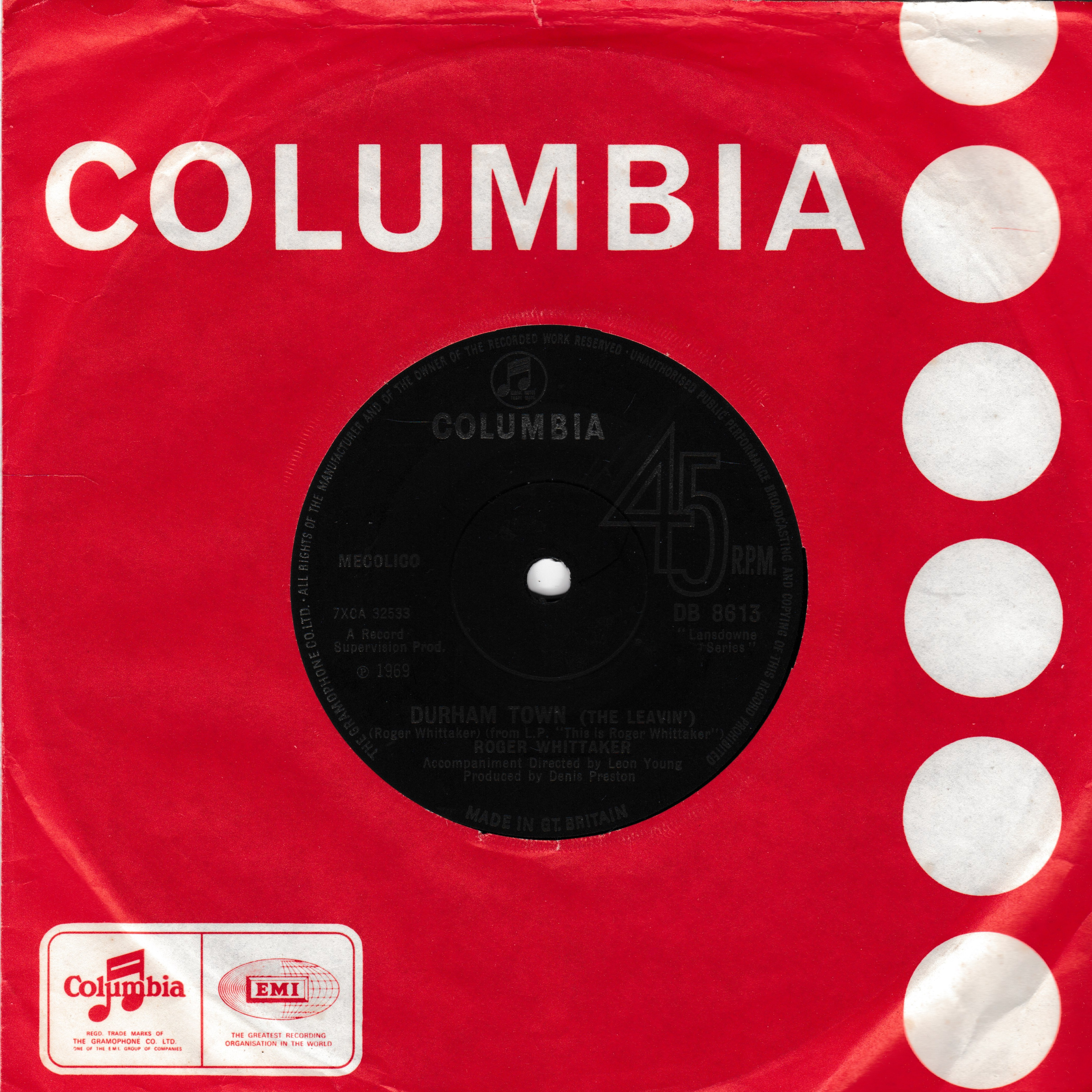Roger Whittaker – Durham Town (The Leavin') (Columbia 1969) 7" vinyl single VG/VG