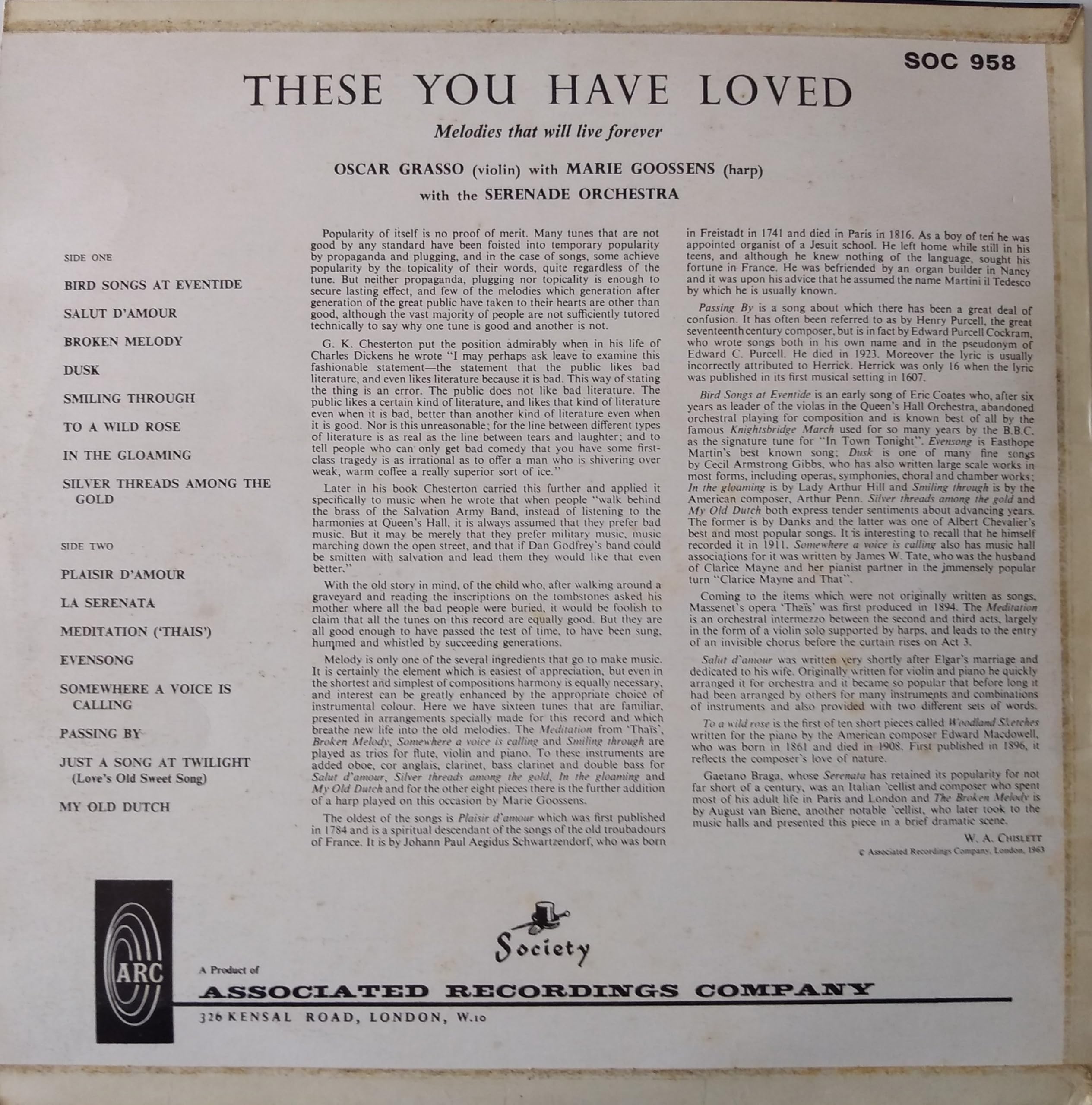 Oscar Grasso With Marie Goossens With The Serenade Orchestra ‎– These You Have Love (Society 1963) 12" vinyl LP VG/VG