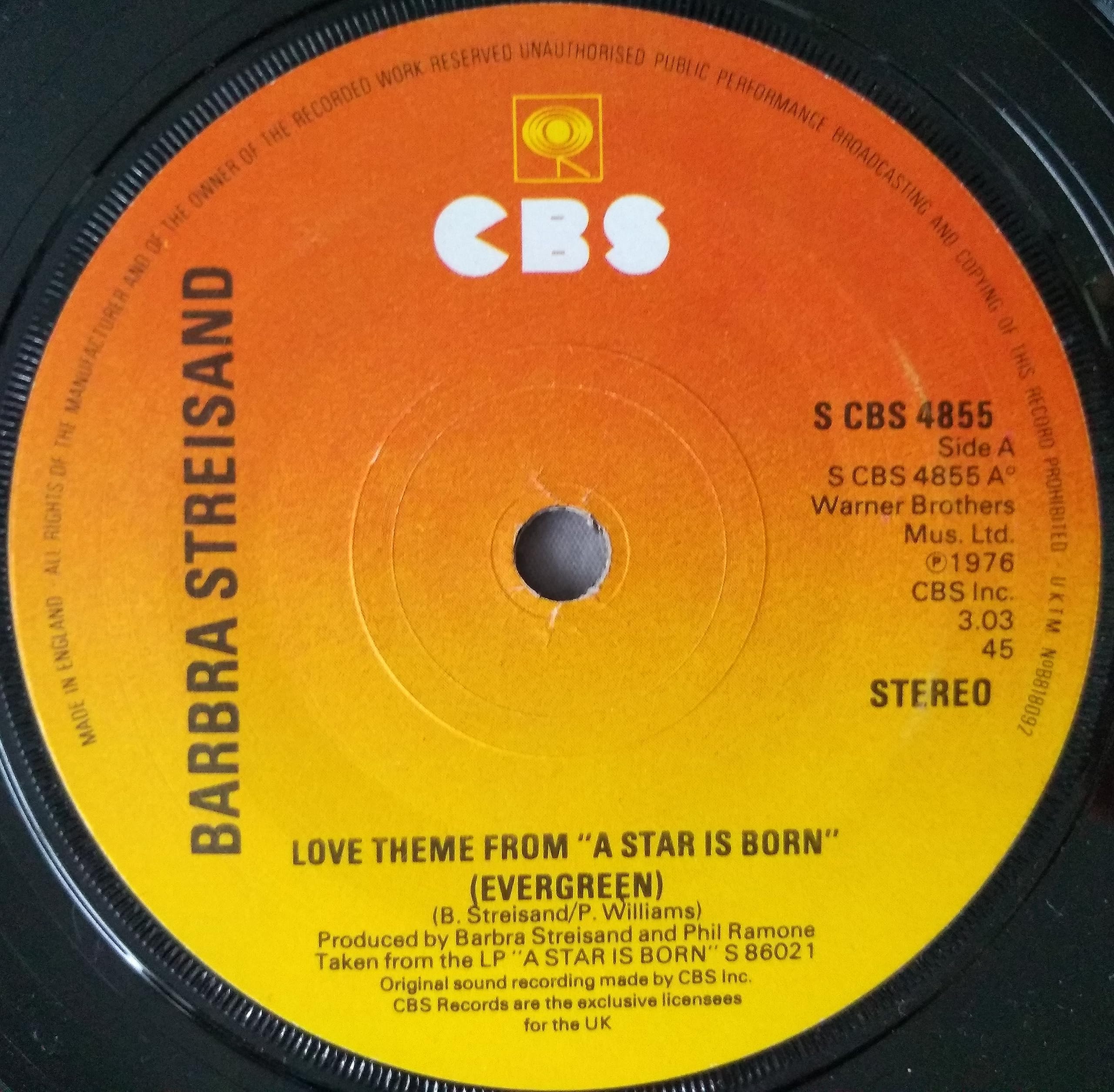 Barbra Streisand - Love Theme from 'A Star Is Born' (Evergreen) (CBS 1976) 7" vinyl single VG/-