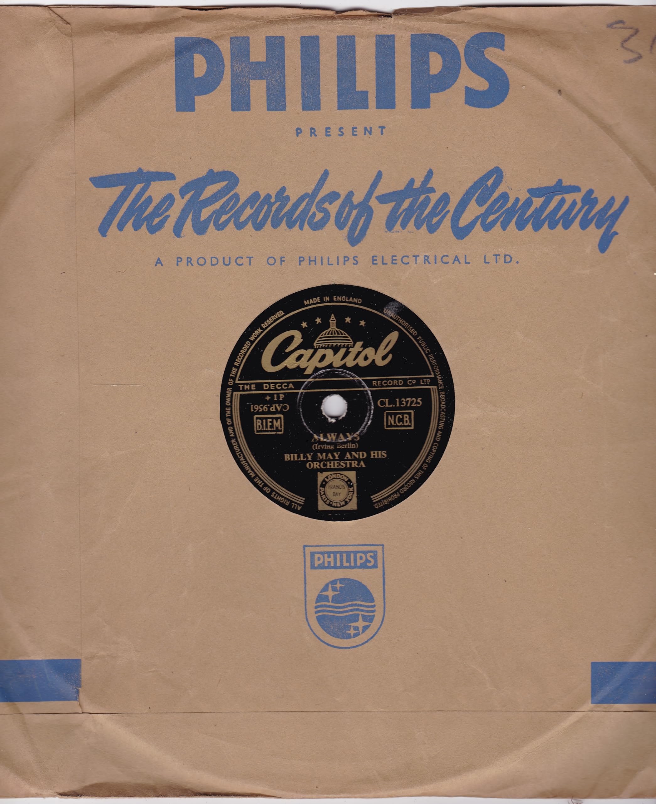 Billy May And His Orchestra – Always (Capitol 1952) 10" 78RPM shellac single VG/-