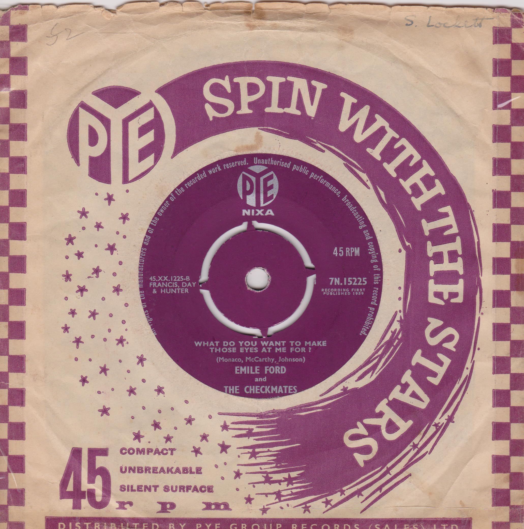 Emile Ford & The Checkmates – Don’t Tell Me Your Troubles (Pye 1959) 7" vinyl single VG/G+