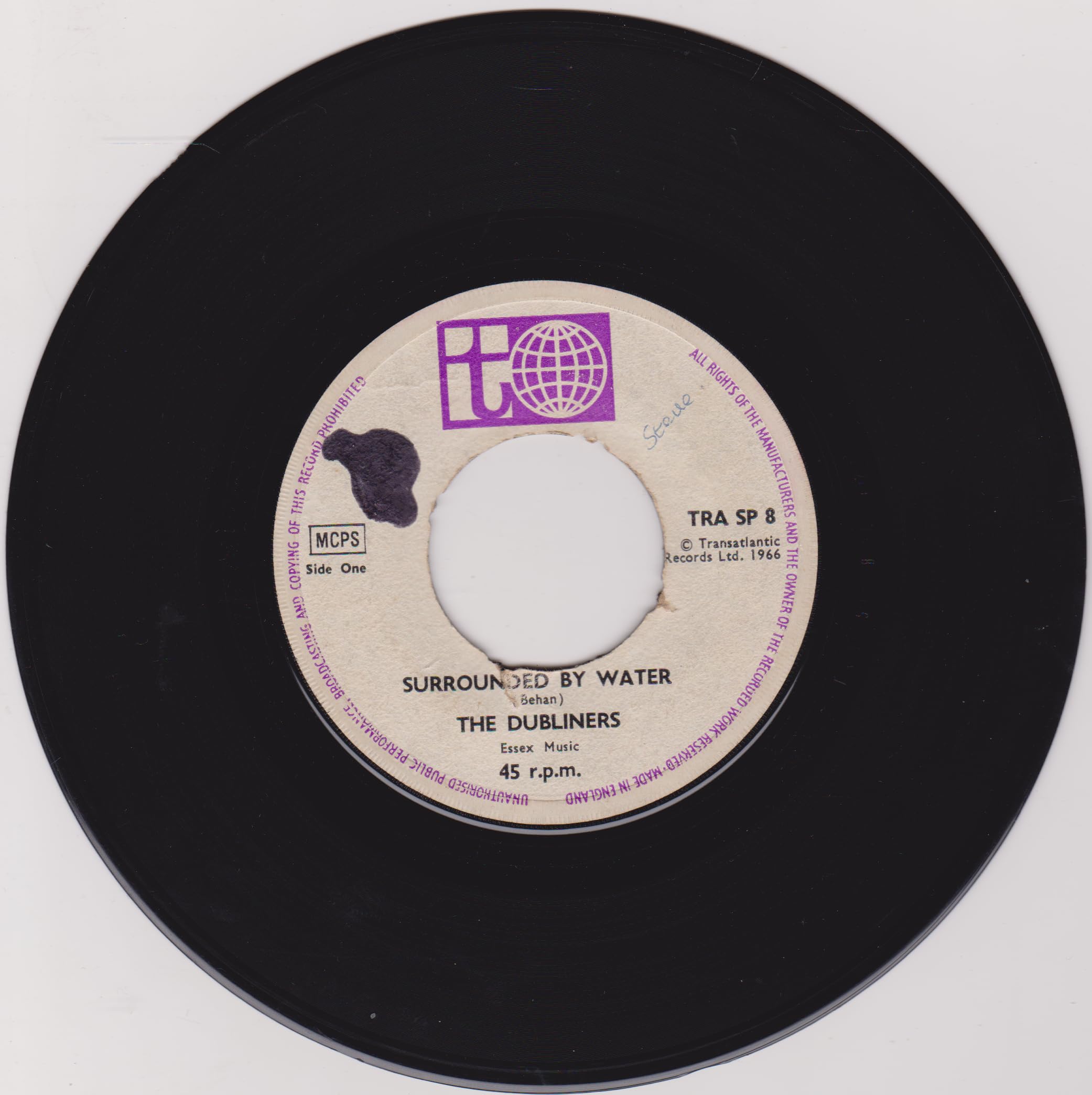 The Dubliners – Surrounded By Water (Transatlantic 1966) 7" vinyl single VG/- jukebox centre