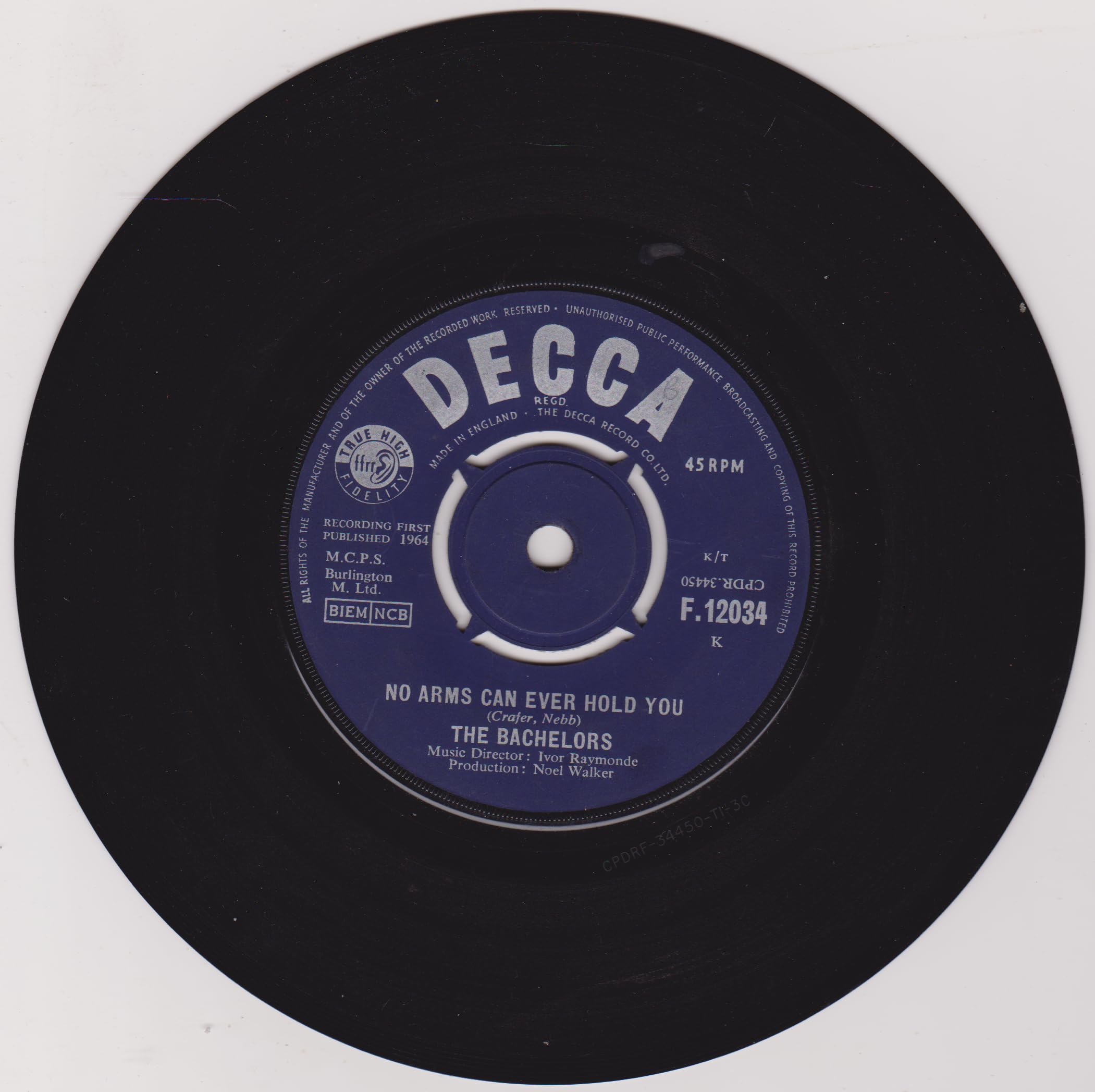 The Bachelors – No Arms Can Ever Hold You (Decca 1964) 7" vinyl single VG/VG