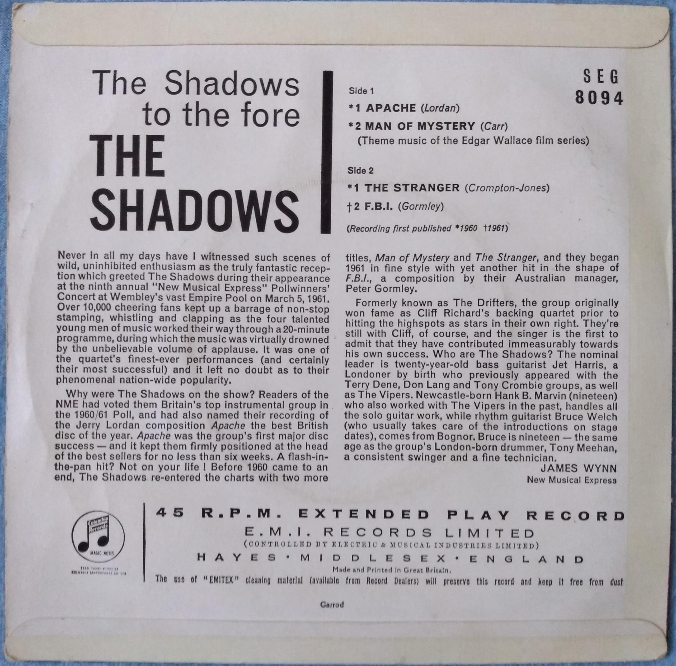 The Shadows - To The Fore (Columbia 7" vinyl EP VG/VG