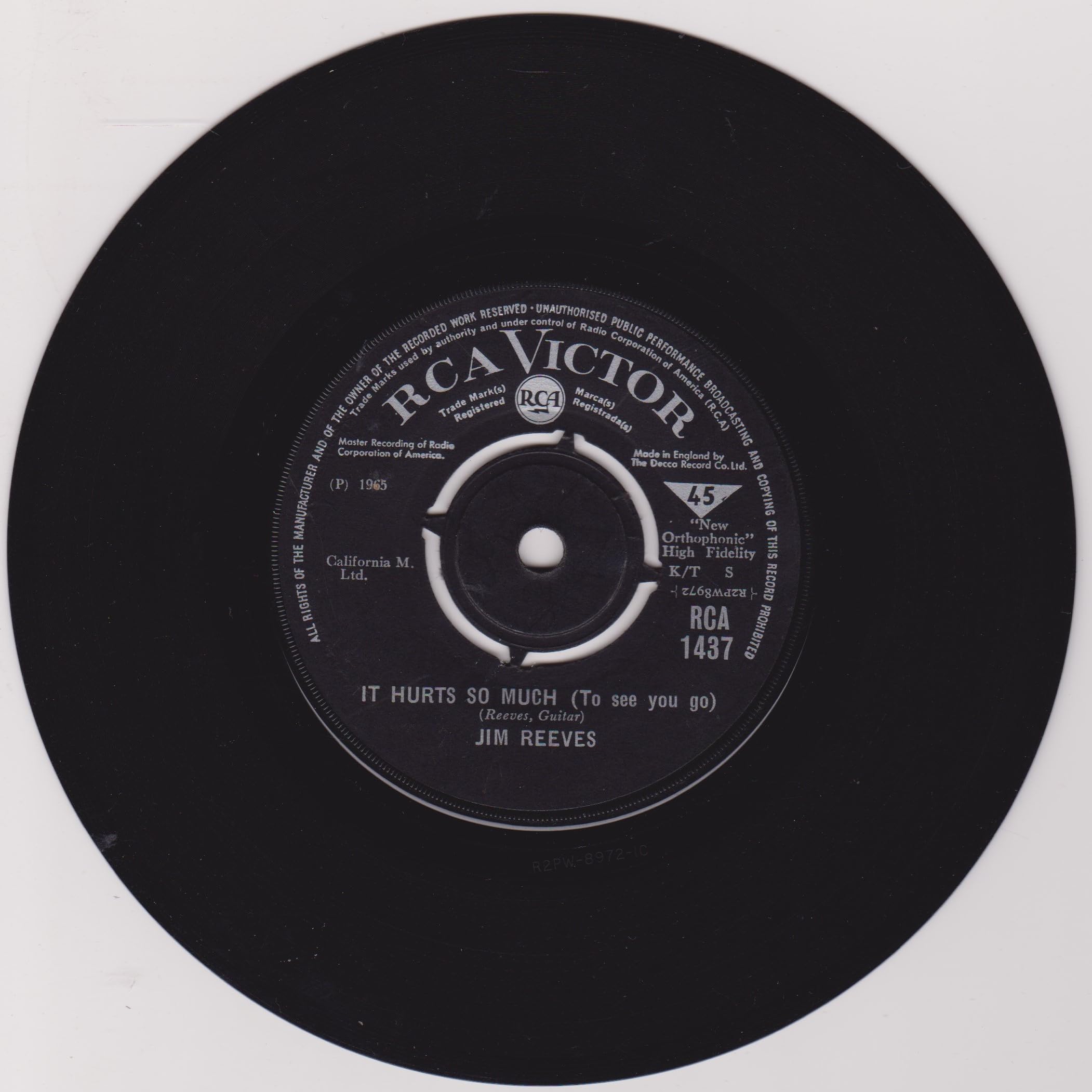 Jim Reeves ‎– It Hurts So Much (To See You Go) (RCA Victor 1965) 7" vinyl single VG/-